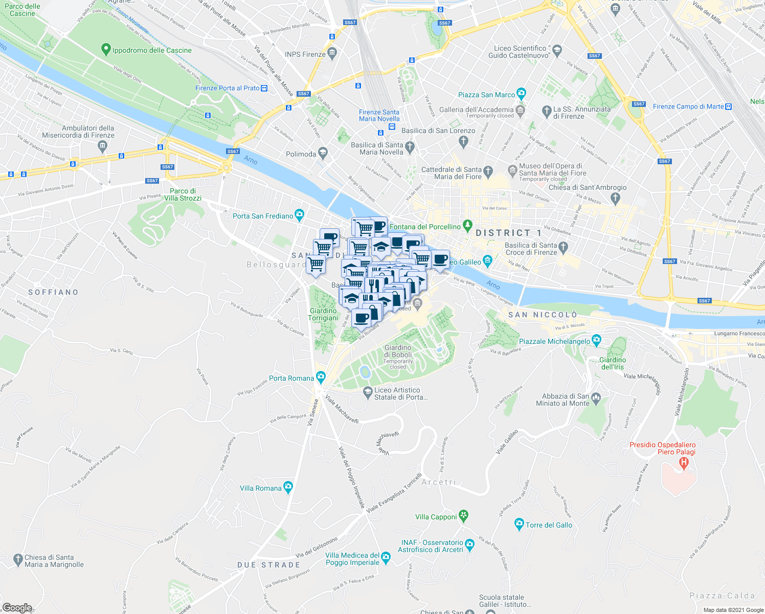 map of restaurants, bars, coffee shops, grocery stores, and more near 3 Via dei Preti in Firenze