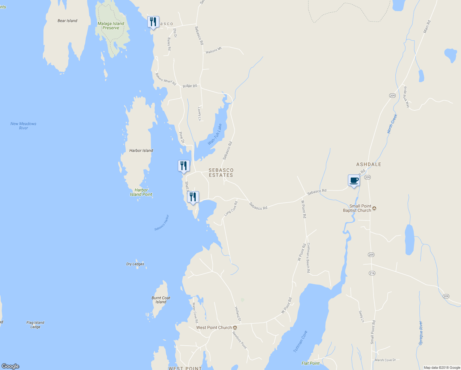 map of restaurants, bars, coffee shops, grocery stores, and more near 234 Sebasco Road in Phippsburg