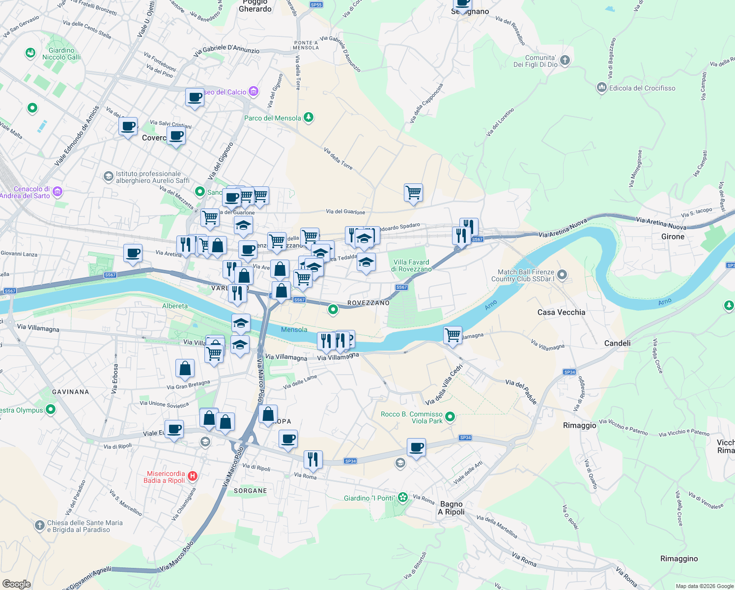 map of restaurants, bars, coffee shops, grocery stores, and more near Via Paolo Boselli in Florence
