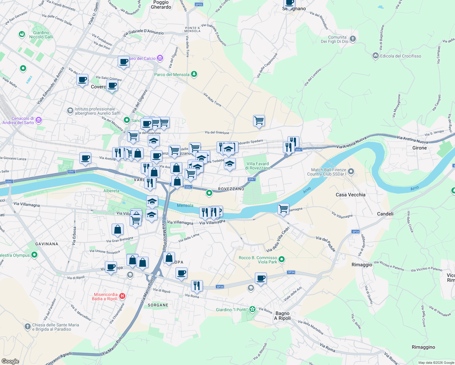 map of restaurants, bars, coffee shops, grocery stores, and more near Via Paolo Boselli in Florence