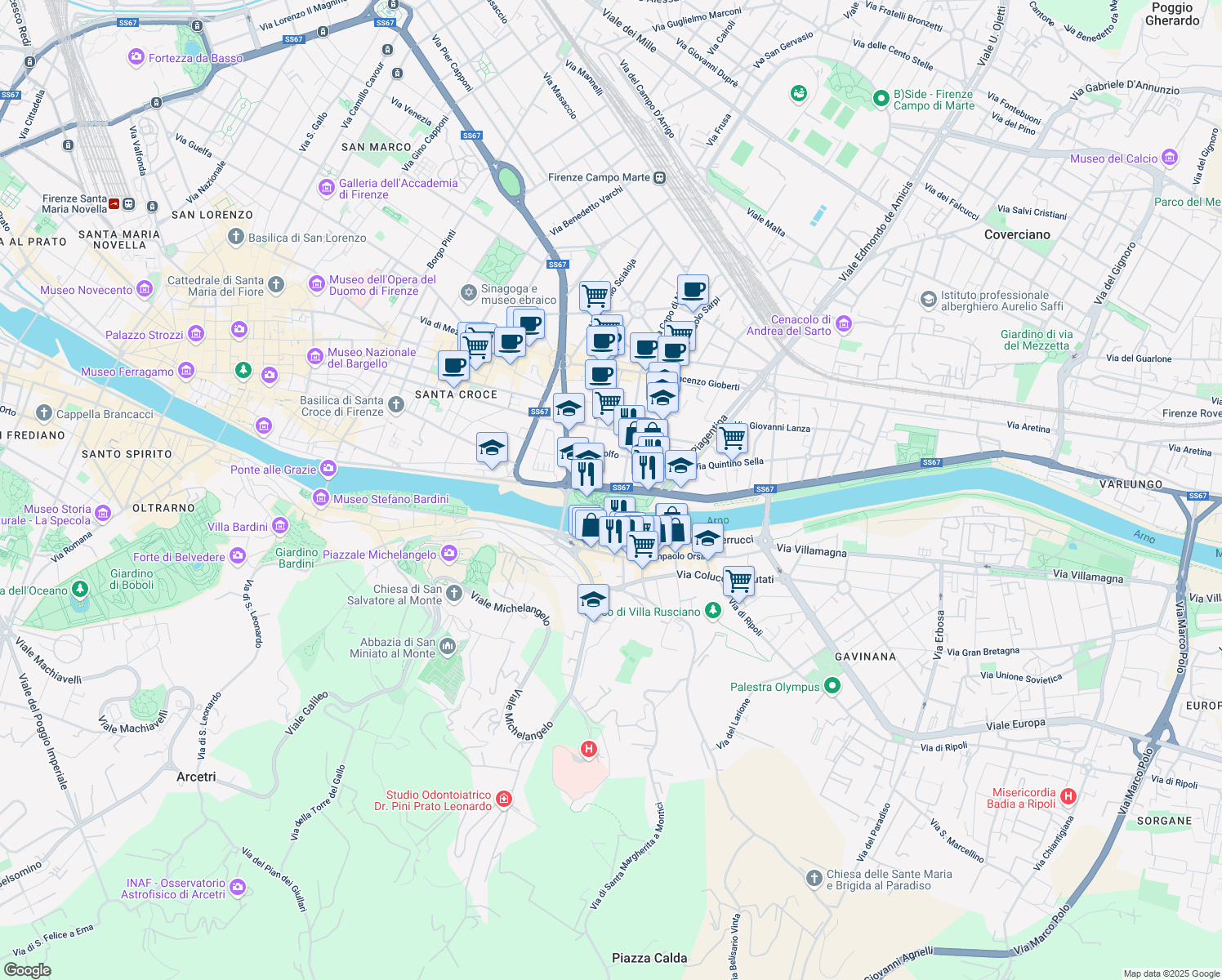map of restaurants, bars, coffee shops, grocery stores, and more near Lungarno del Tempio in Firenze