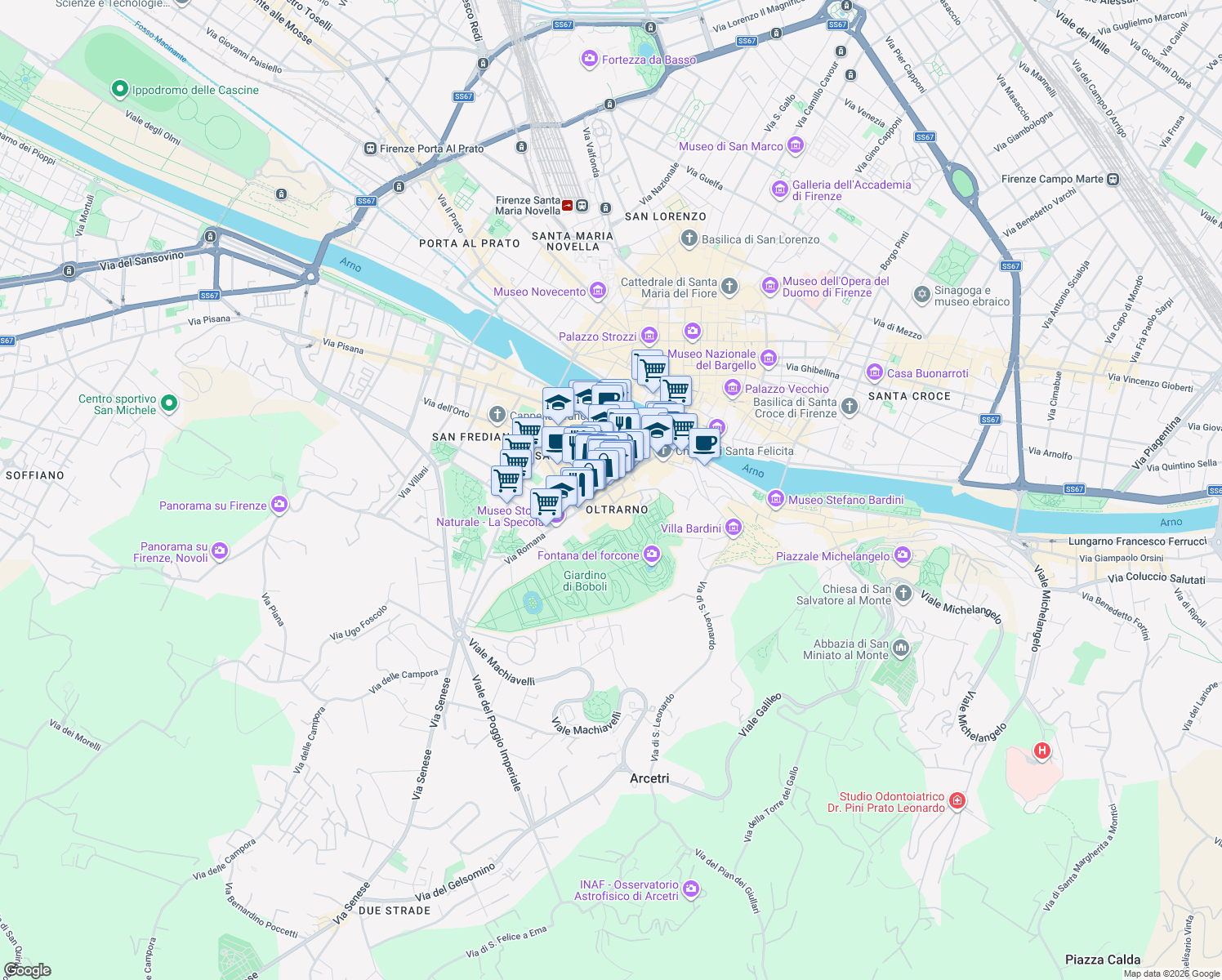 map of restaurants, bars, coffee shops, grocery stores, and more near in Florence