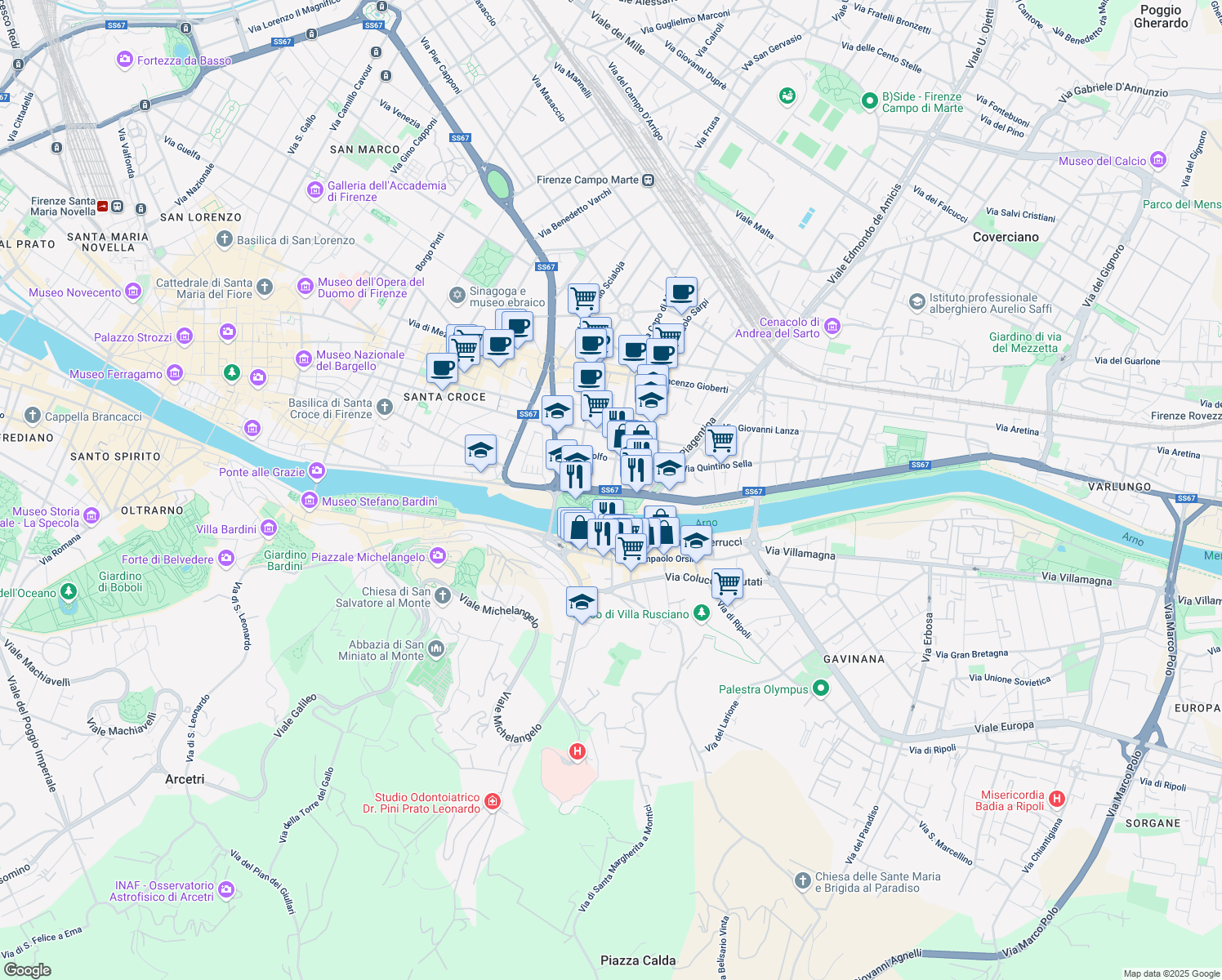 map of restaurants, bars, coffee shops, grocery stores, and more near Lungarno del Tempio in Florence