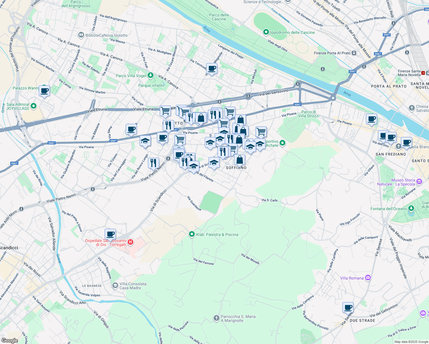 map of restaurants, bars, coffee shops, grocery stores, and more near 23 Via Bernardo Daddi in Firenze