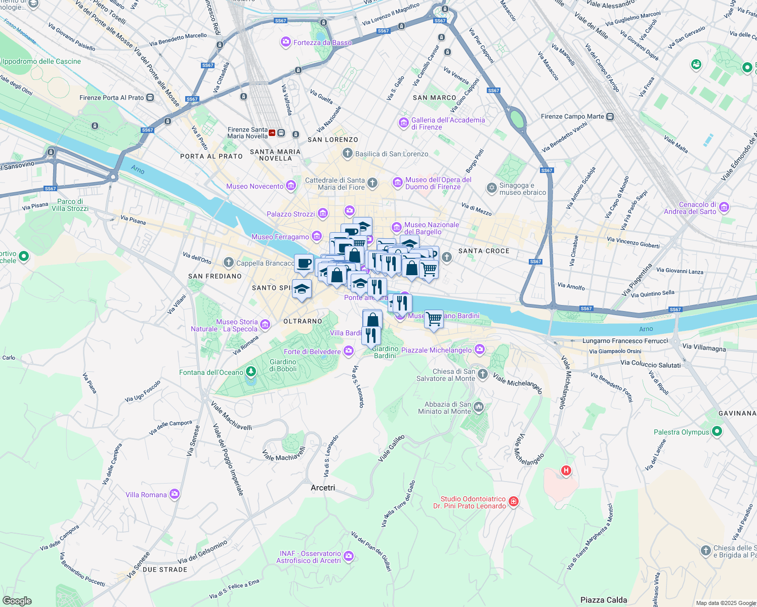 map of restaurants, bars, coffee shops, grocery stores, and more near 35 Via de' Bardi in Firenze
