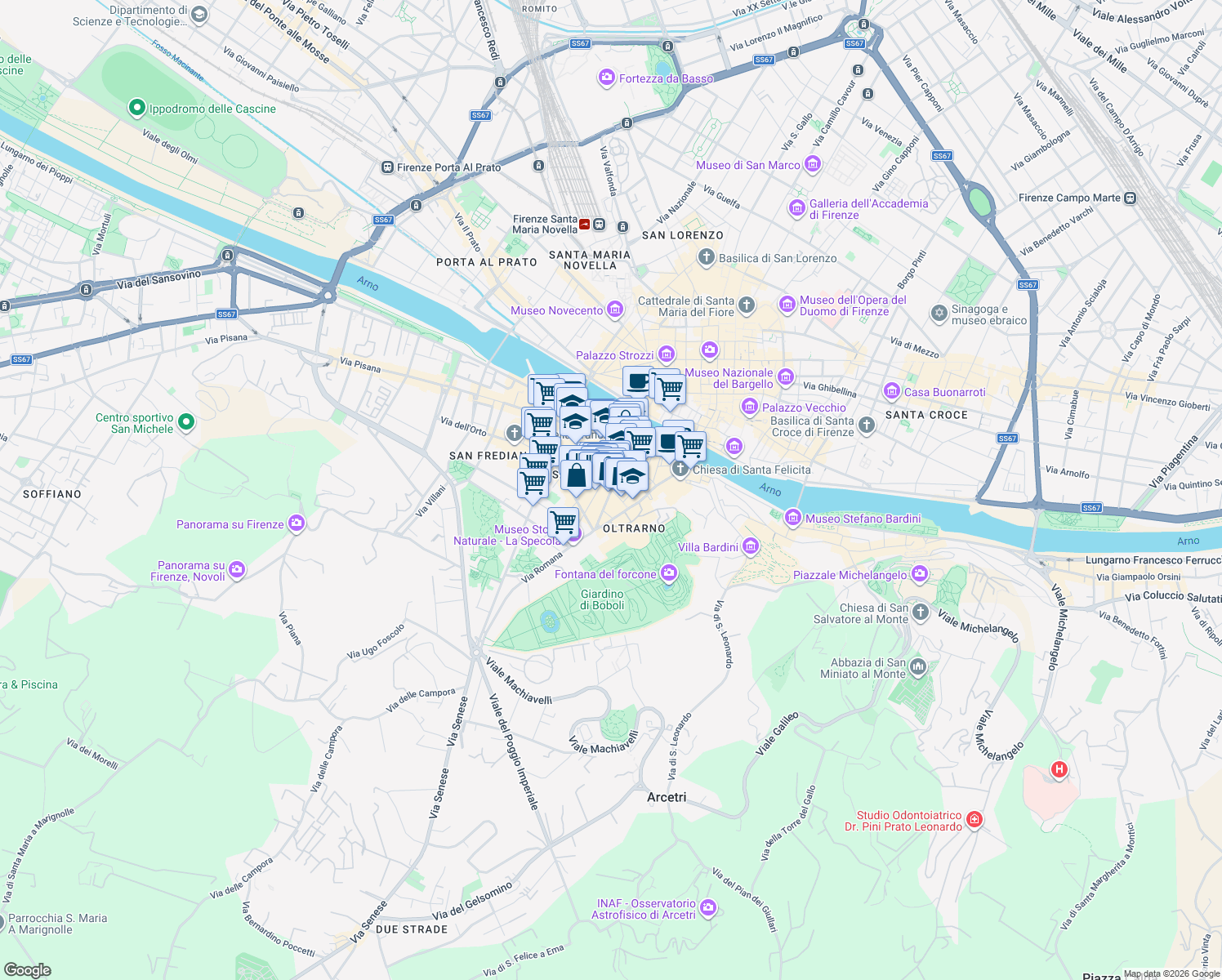 map of restaurants, bars, coffee shops, grocery stores, and more near 37 Via del Presto di San Martino in Firenze