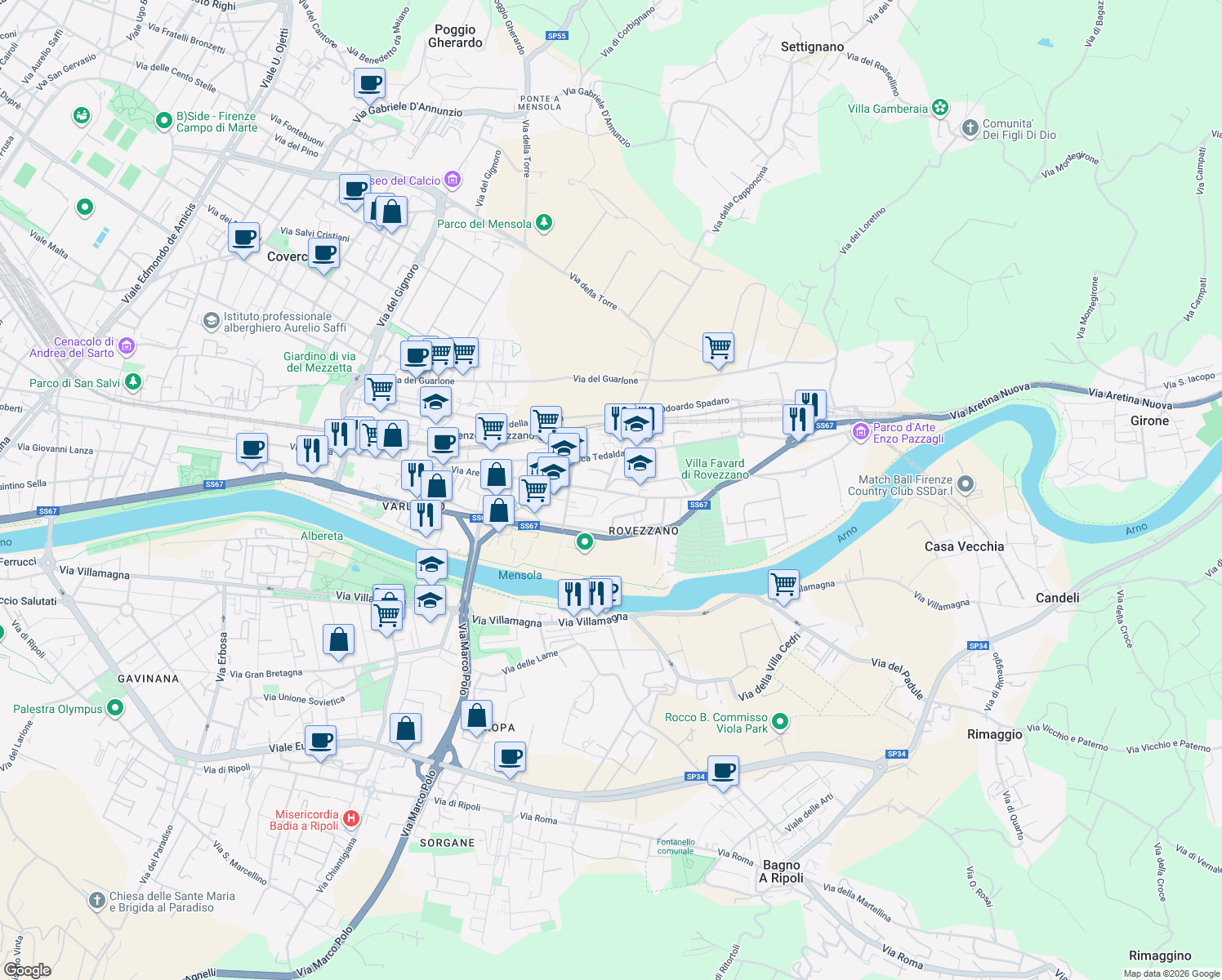 map of restaurants, bars, coffee shops, grocery stores, and more near 421 Via Aretina in Firenze