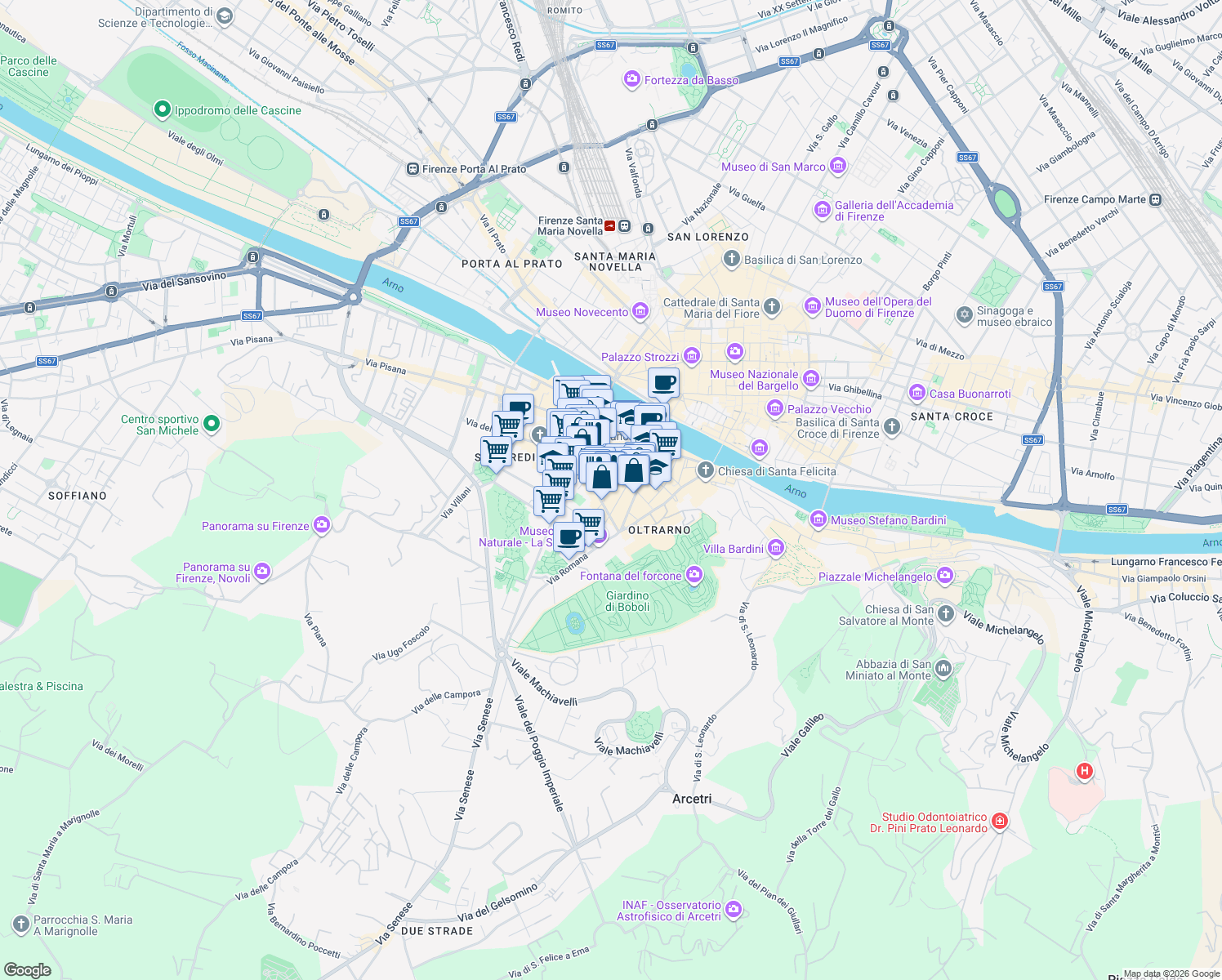 map of restaurants, bars, coffee shops, grocery stores, and more near 22 Piazza Santo Spirito in Firenze