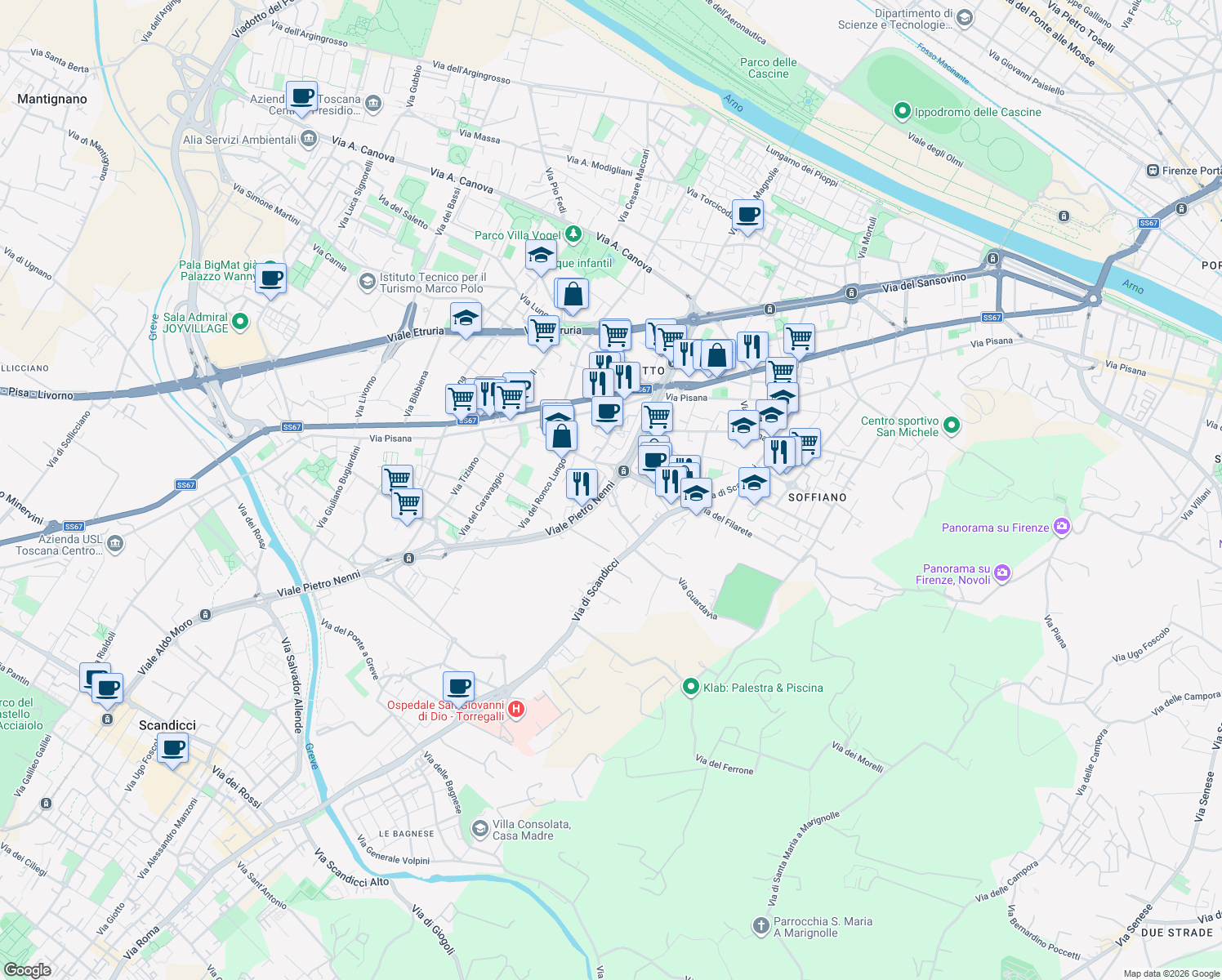 map of restaurants, bars, coffee shops, grocery stores, and more near 68 Via del Ronco Corto in Florence