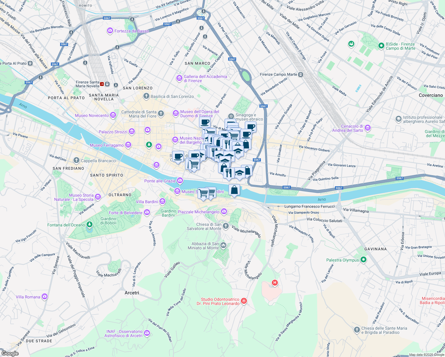 map of restaurants, bars, coffee shops, grocery stores, and more near 6 Via delle Casine in Florence