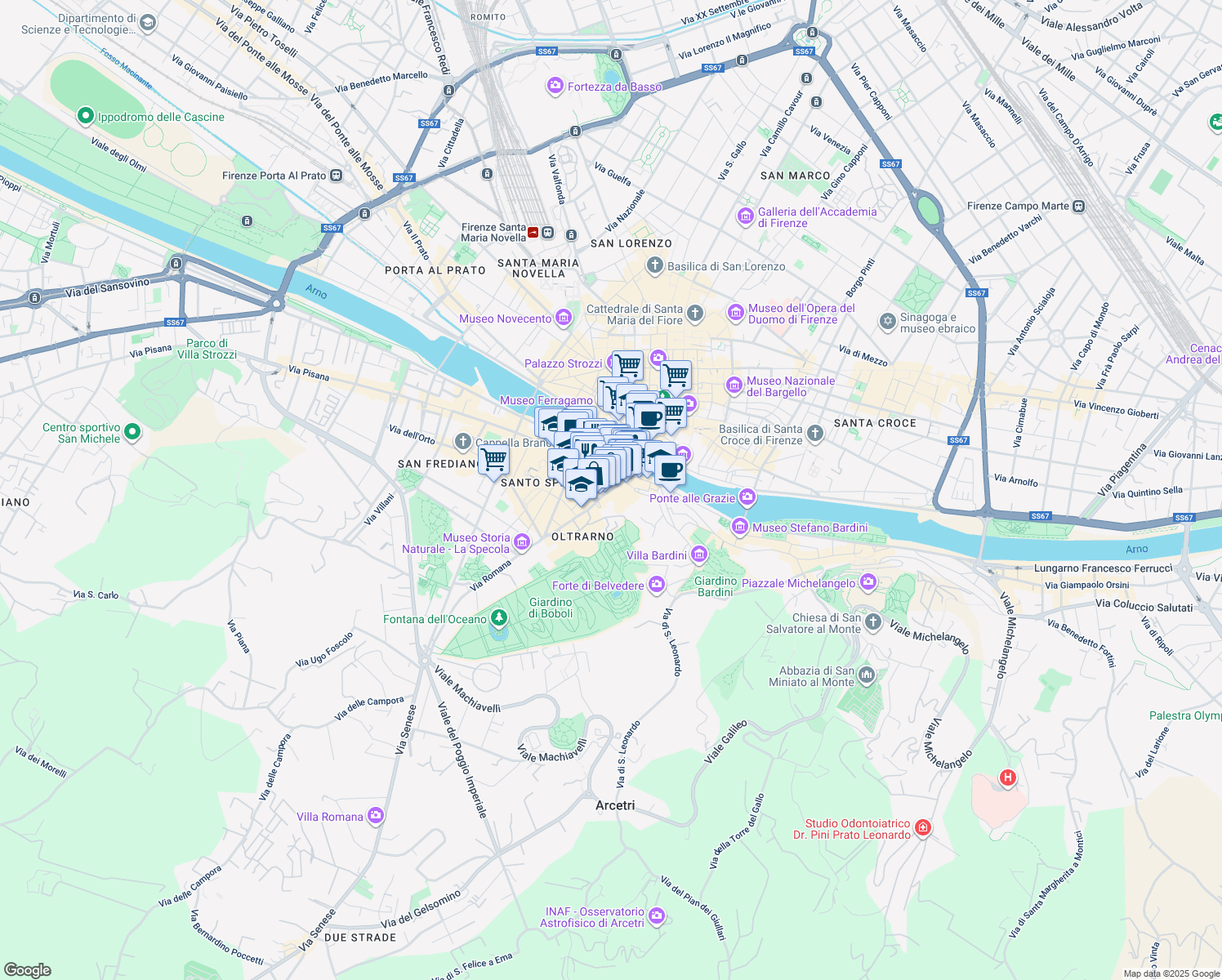 map of restaurants, bars, coffee shops, grocery stores, and more near 43R Via Guicciardini in Firenze