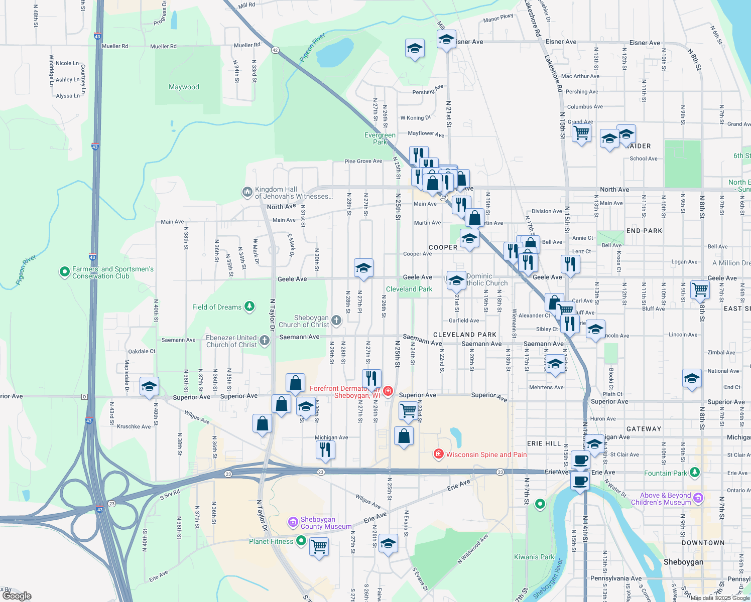 map of restaurants, bars, coffee shops, grocery stores, and more near 2019 N 27th St in Sheboygan