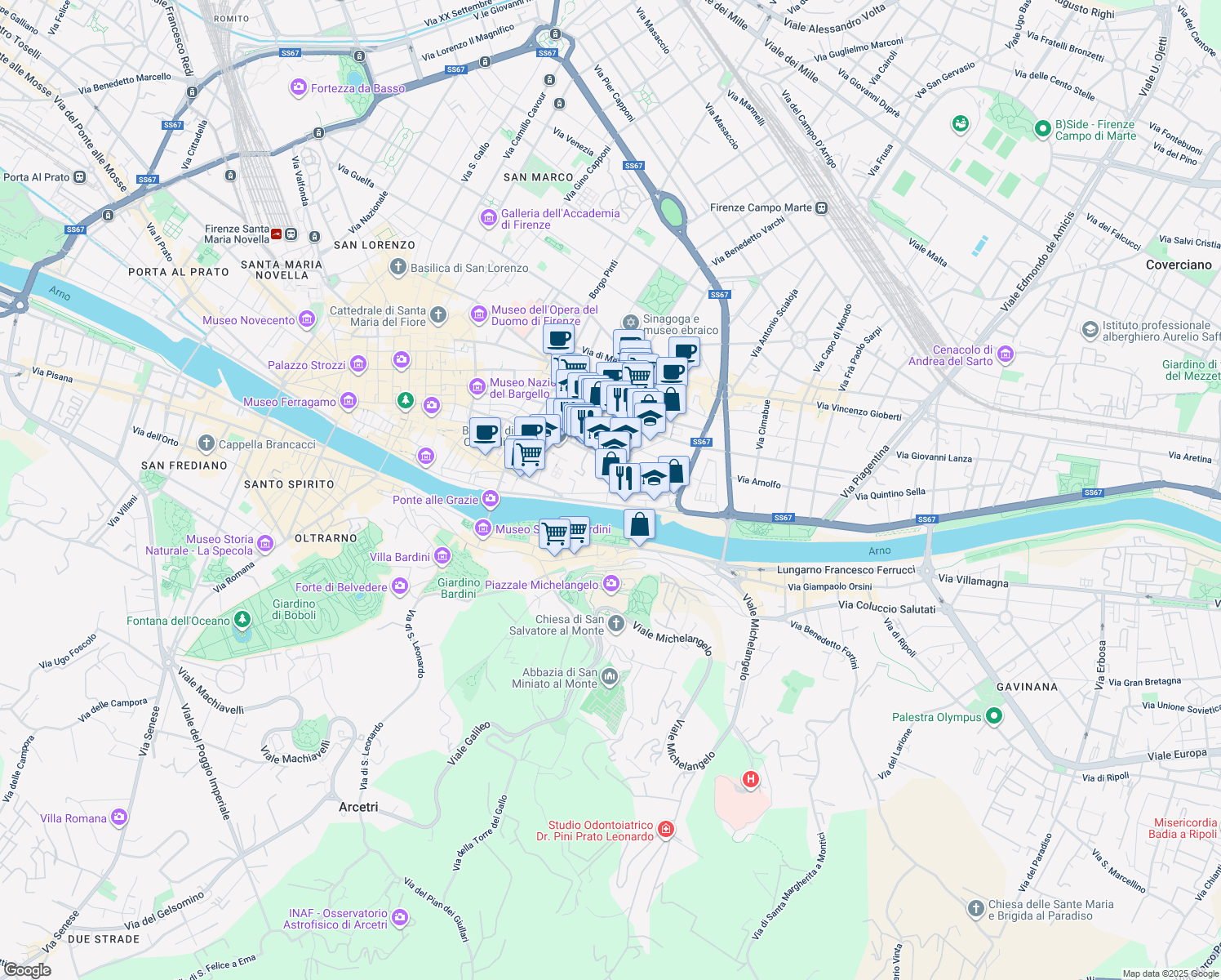 map of restaurants, bars, coffee shops, grocery stores, and more near 6 Via delle Casine in Firenze