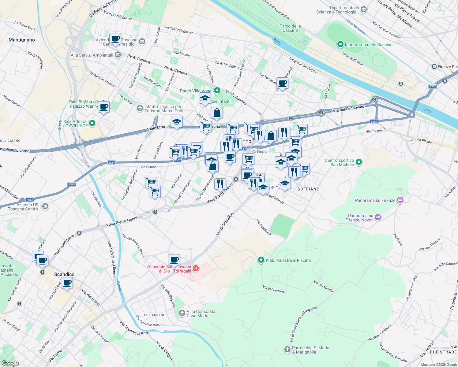 map of restaurants, bars, coffee shops, grocery stores, and more near 68 Via del Ronco Corto in Firenze