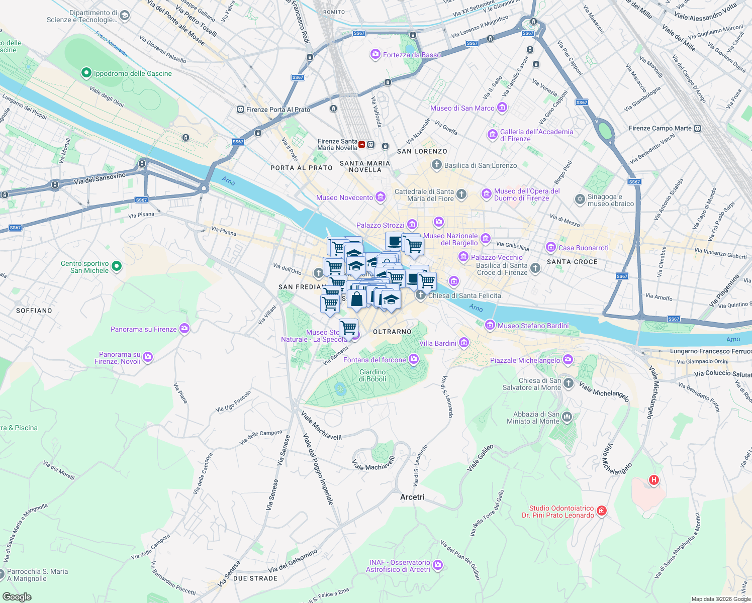 map of restaurants, bars, coffee shops, grocery stores, and more near 37 Via del Presto di San Martino in Firenze