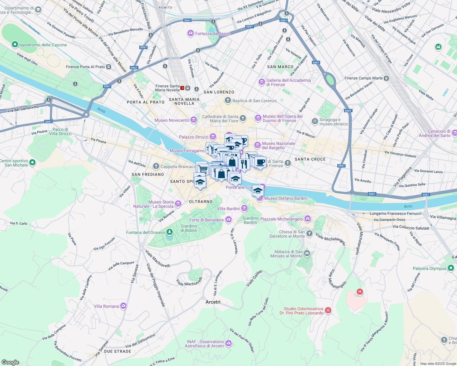 map of restaurants, bars, coffee shops, grocery stores, and more near 35 Via de' Bardi in Firenze