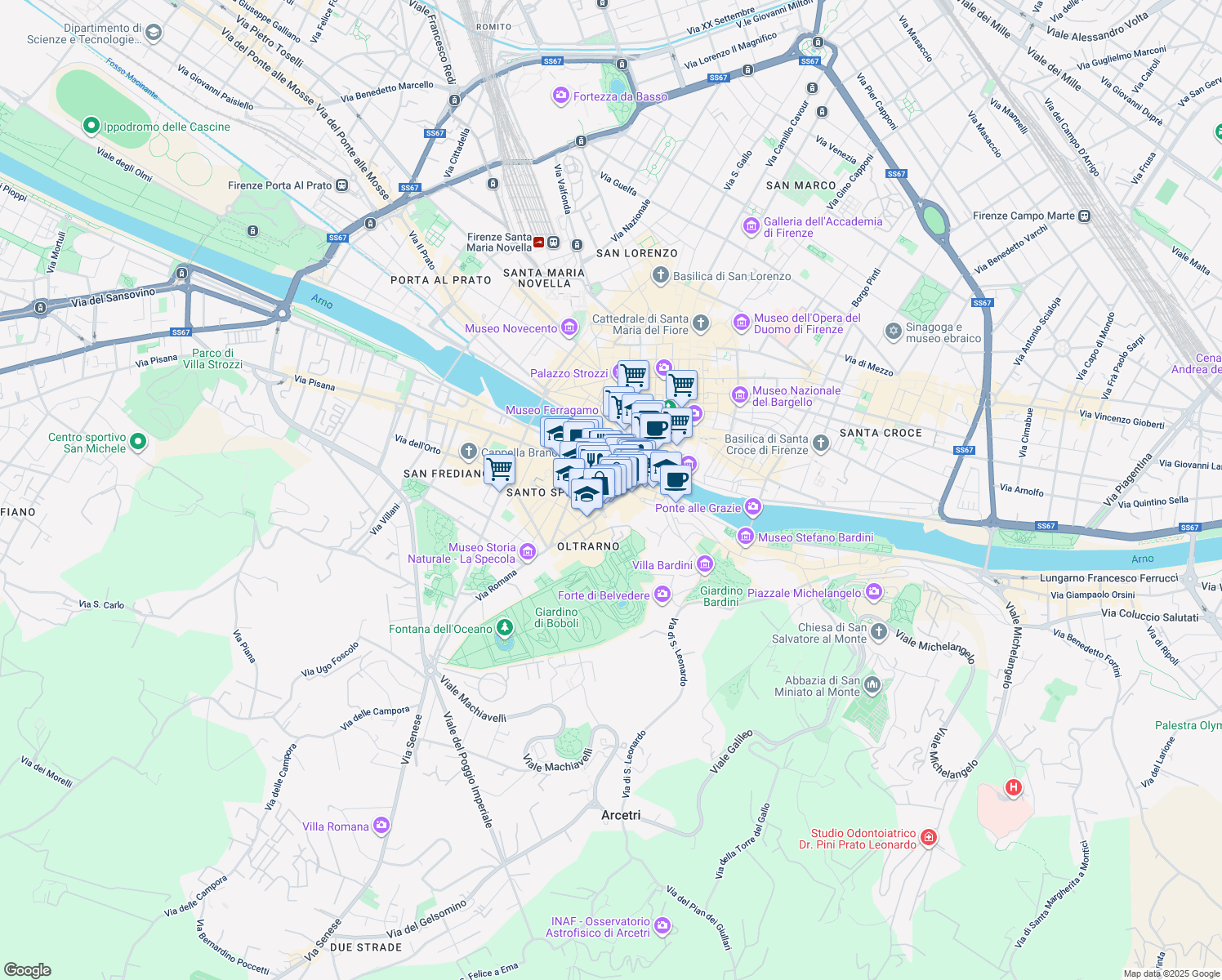 map of restaurants, bars, coffee shops, grocery stores, and more near 43R Via Guicciardini in Firenze