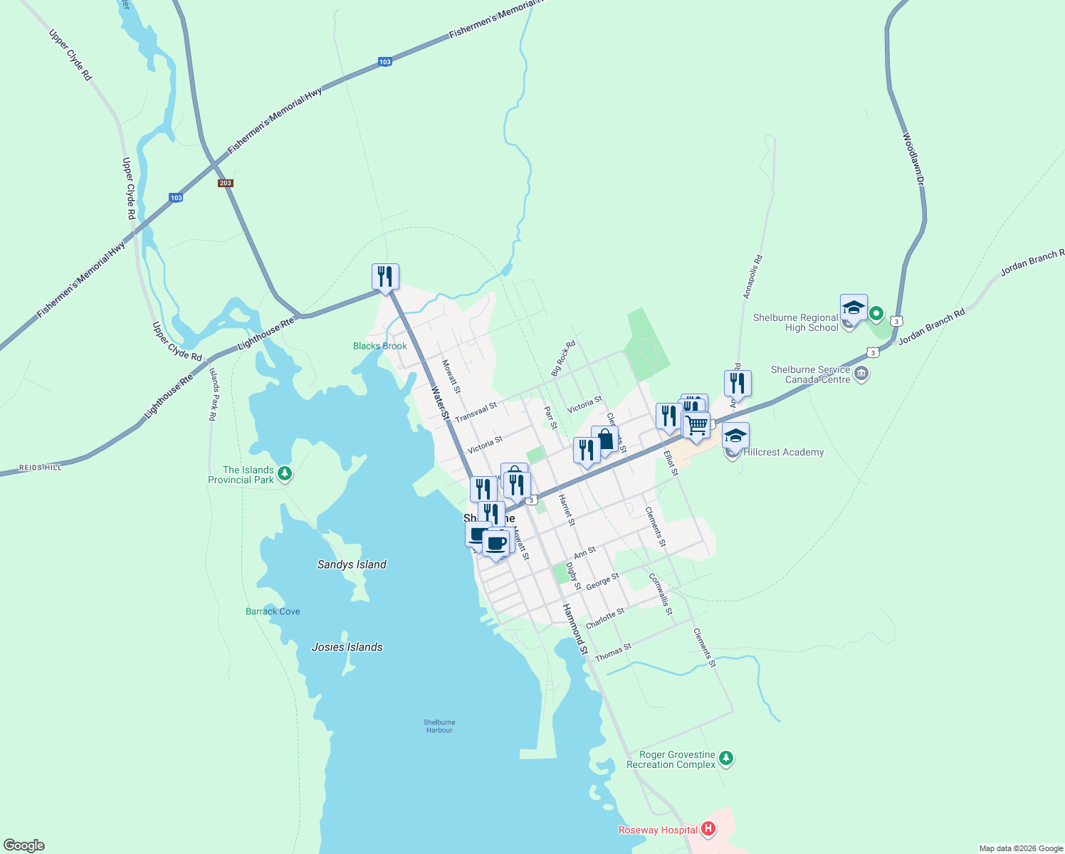 map of restaurants, bars, coffee shops, grocery stores, and more near 187 Harriet Street in Shelburne