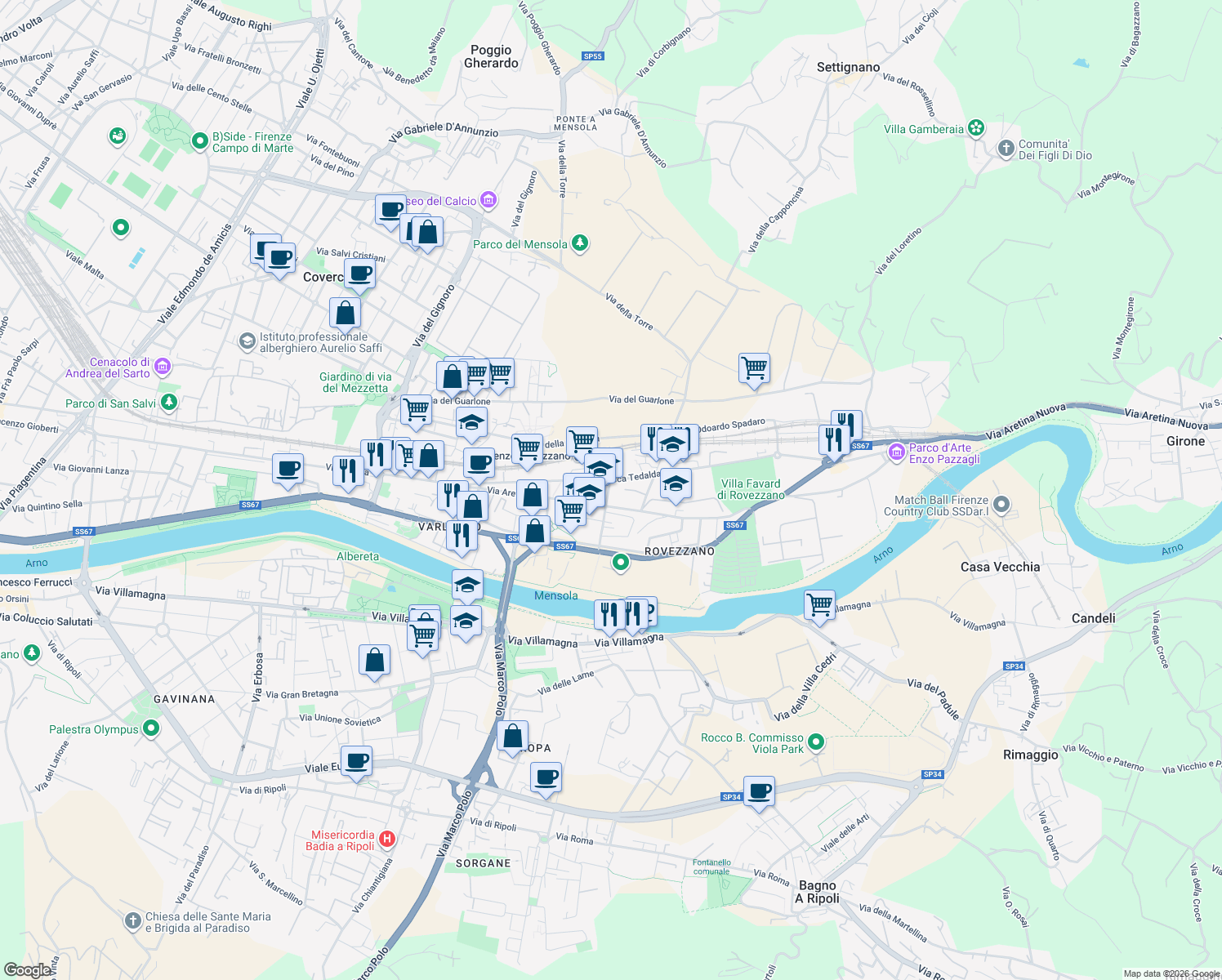 map of restaurants, bars, coffee shops, grocery stores, and more near 415-421 Via Aretina in Firenze