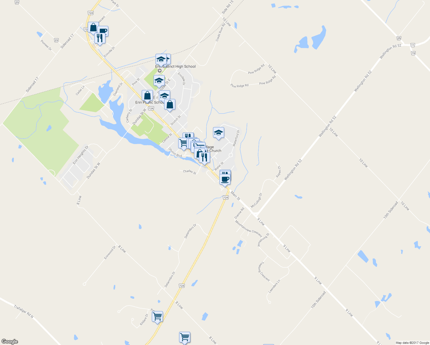 map of restaurants, bars, coffee shops, grocery stores, and more near 29 Main Street in Erin