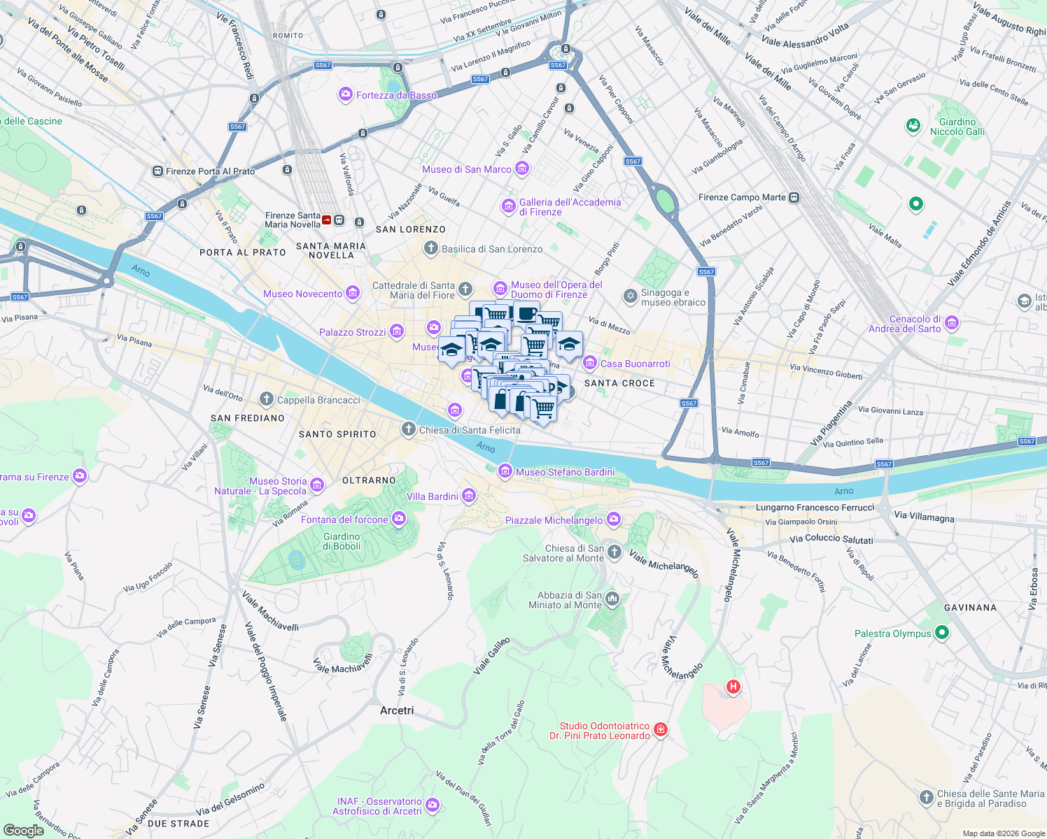 map of restaurants, bars, coffee shops, grocery stores, and more near 20 Via dei Rustici in Firenze