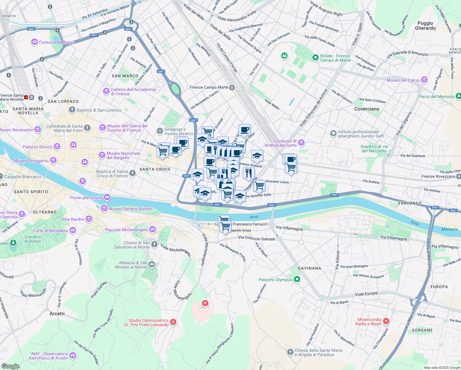 map of restaurants, bars, coffee shops, grocery stores, and more near 5 Via Giotto in Florence