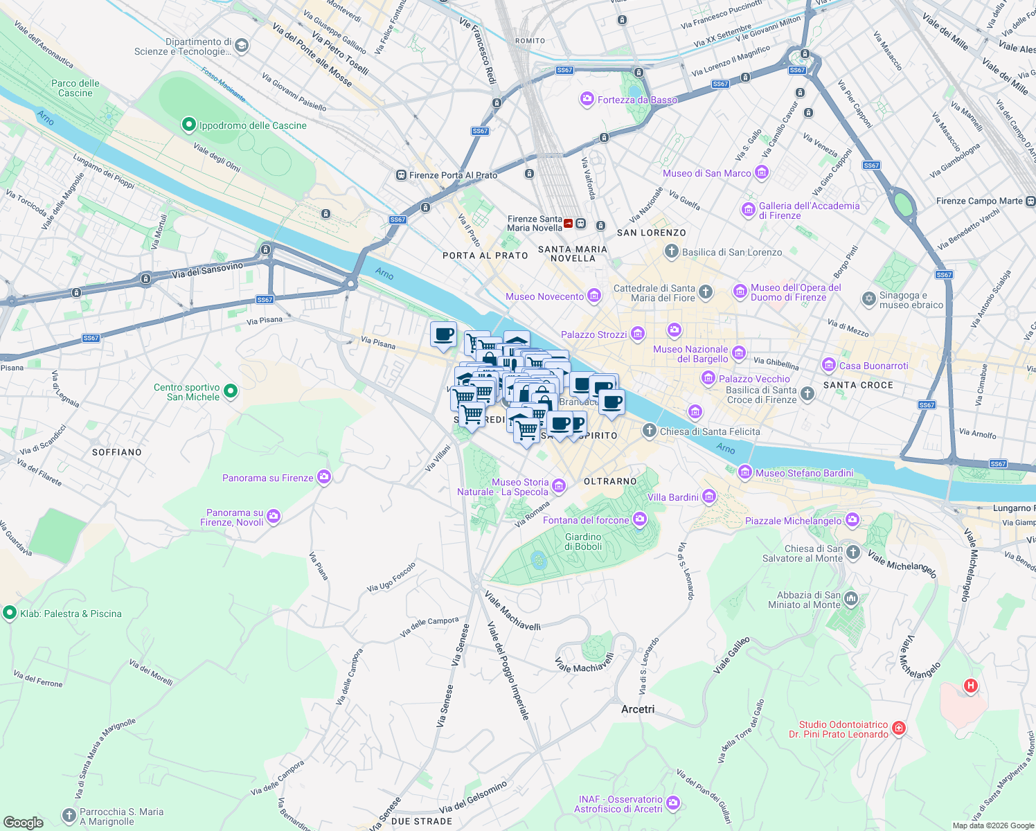 map of restaurants, bars, coffee shops, grocery stores, and more near 57 Via Santa Monaca in Firenze