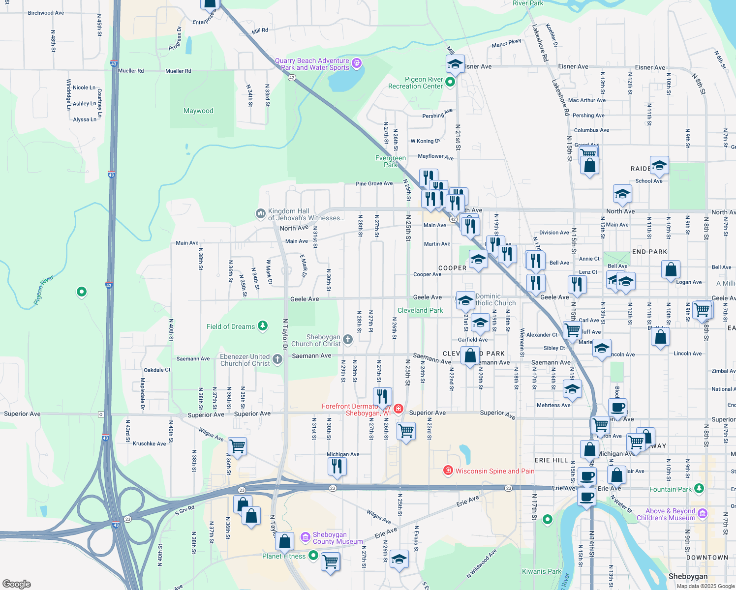 map of restaurants, bars, coffee shops, grocery stores, and more near 2732 Geele Avenue in Sheboygan