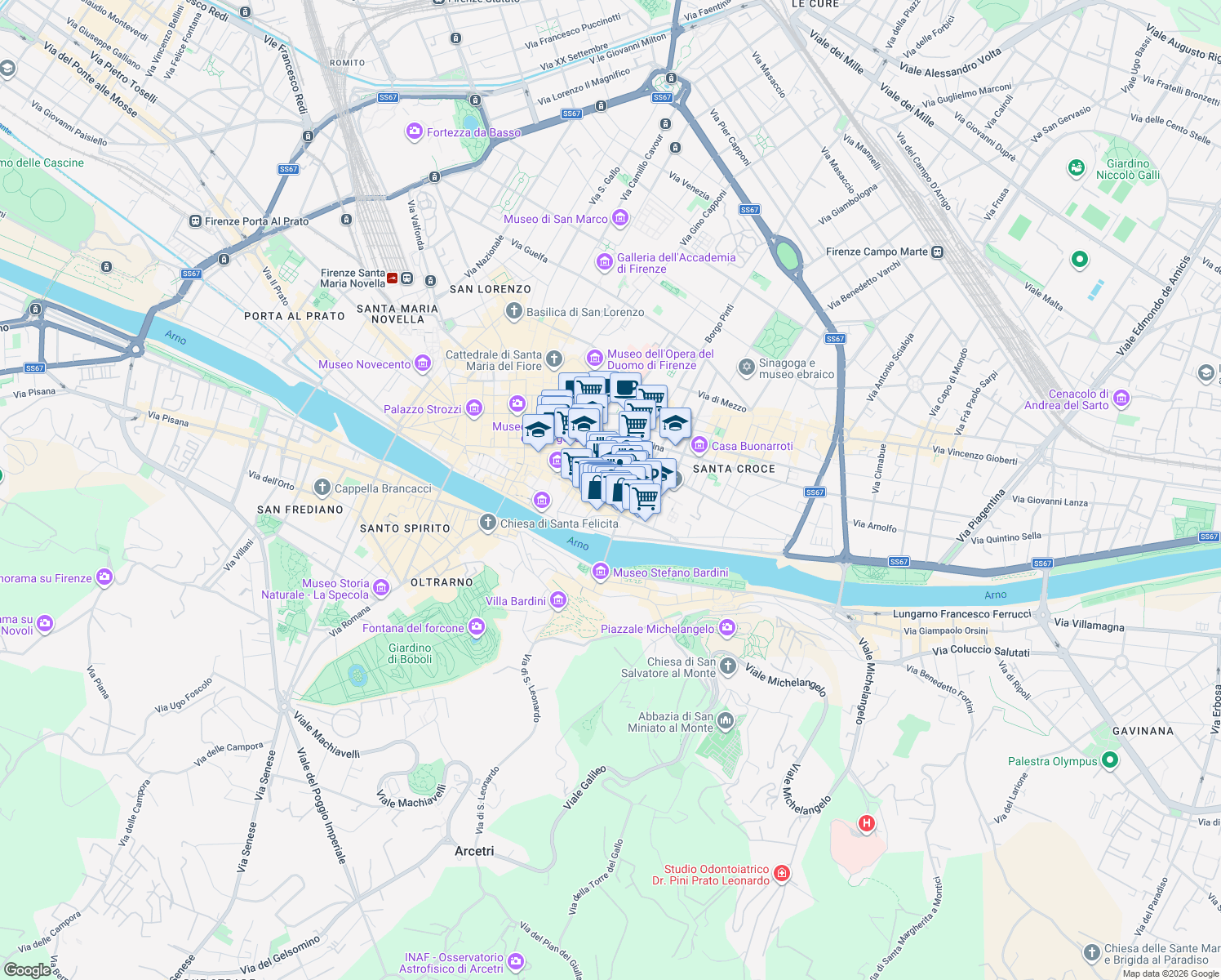 map of restaurants, bars, coffee shops, grocery stores, and more near 20 Via dei Rustici in Firenze