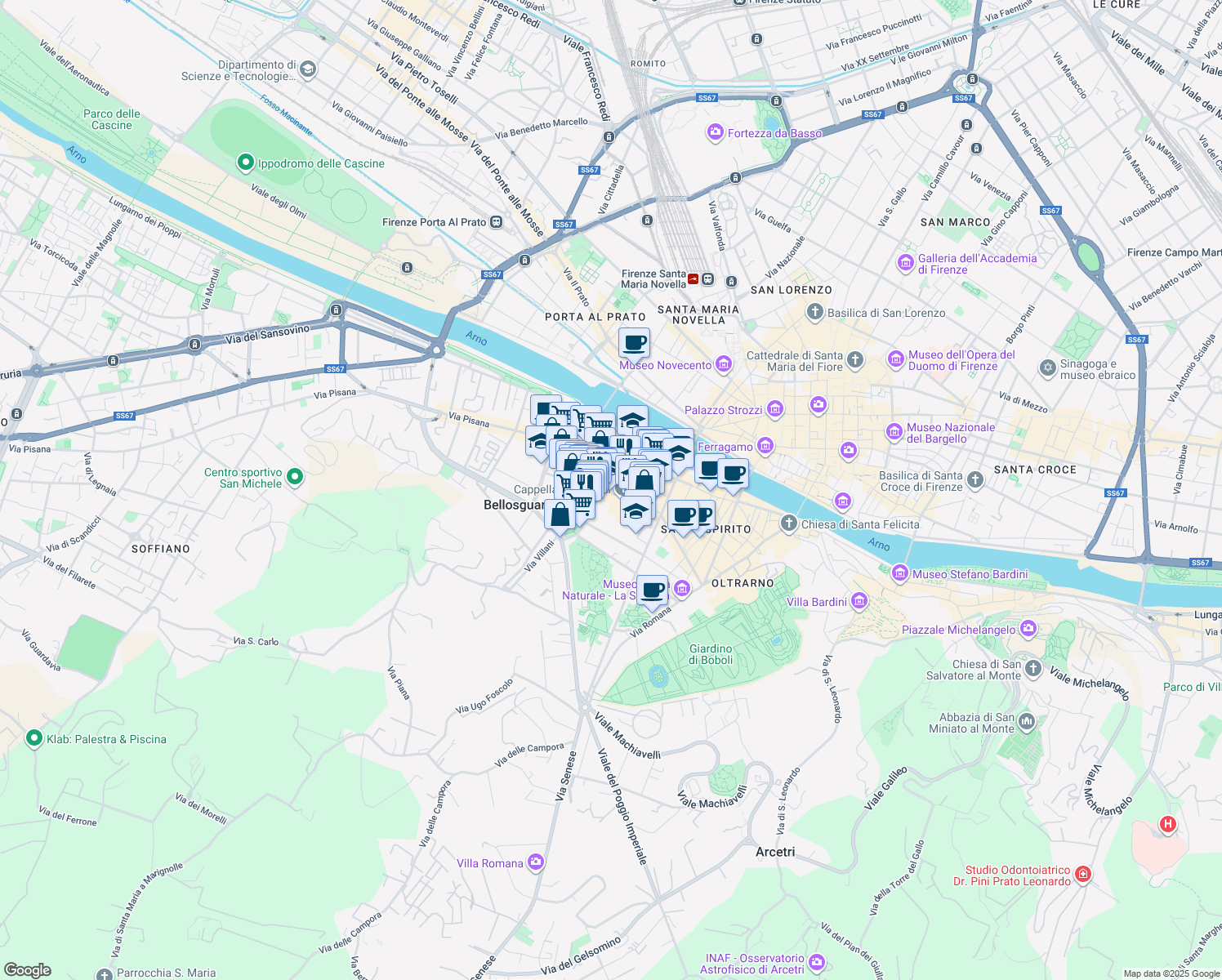 map of restaurants, bars, coffee shops, grocery stores, and more near Piazza Piattellina in Florence