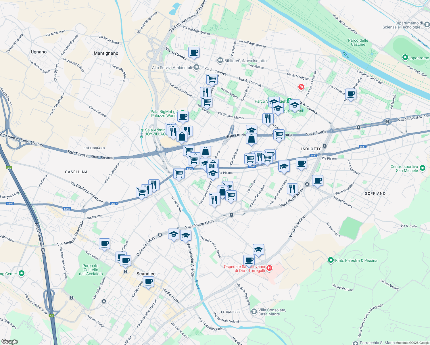 map of restaurants, bars, coffee shops, grocery stores, and more near 798 Via Pisana in Florence