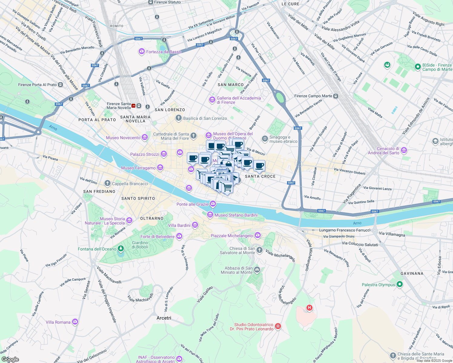 map of restaurants, bars, coffee shops, grocery stores, and more near 16 Piazza Santa Croce in Firenze