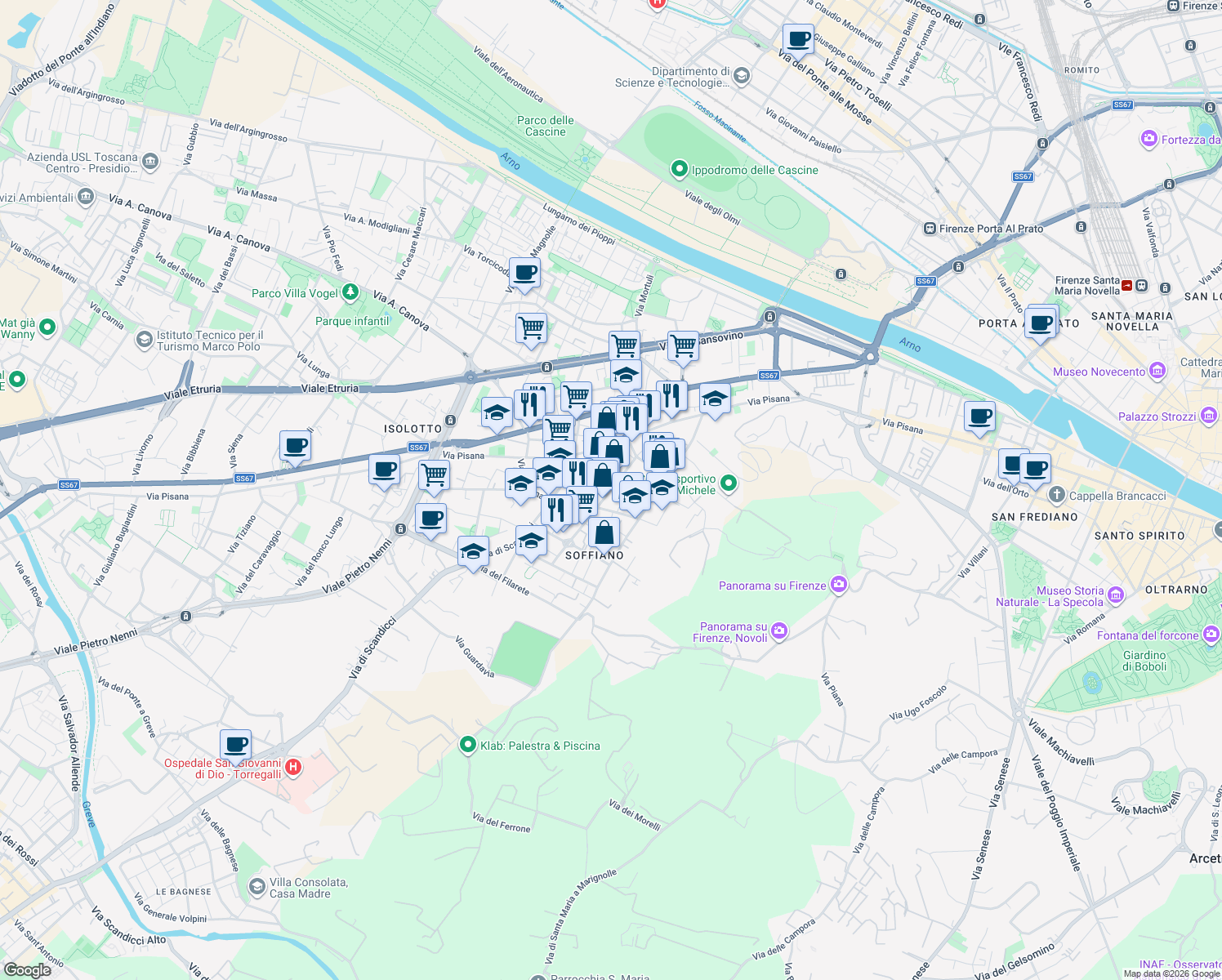 map of restaurants, bars, coffee shops, grocery stores, and more near in Firenze