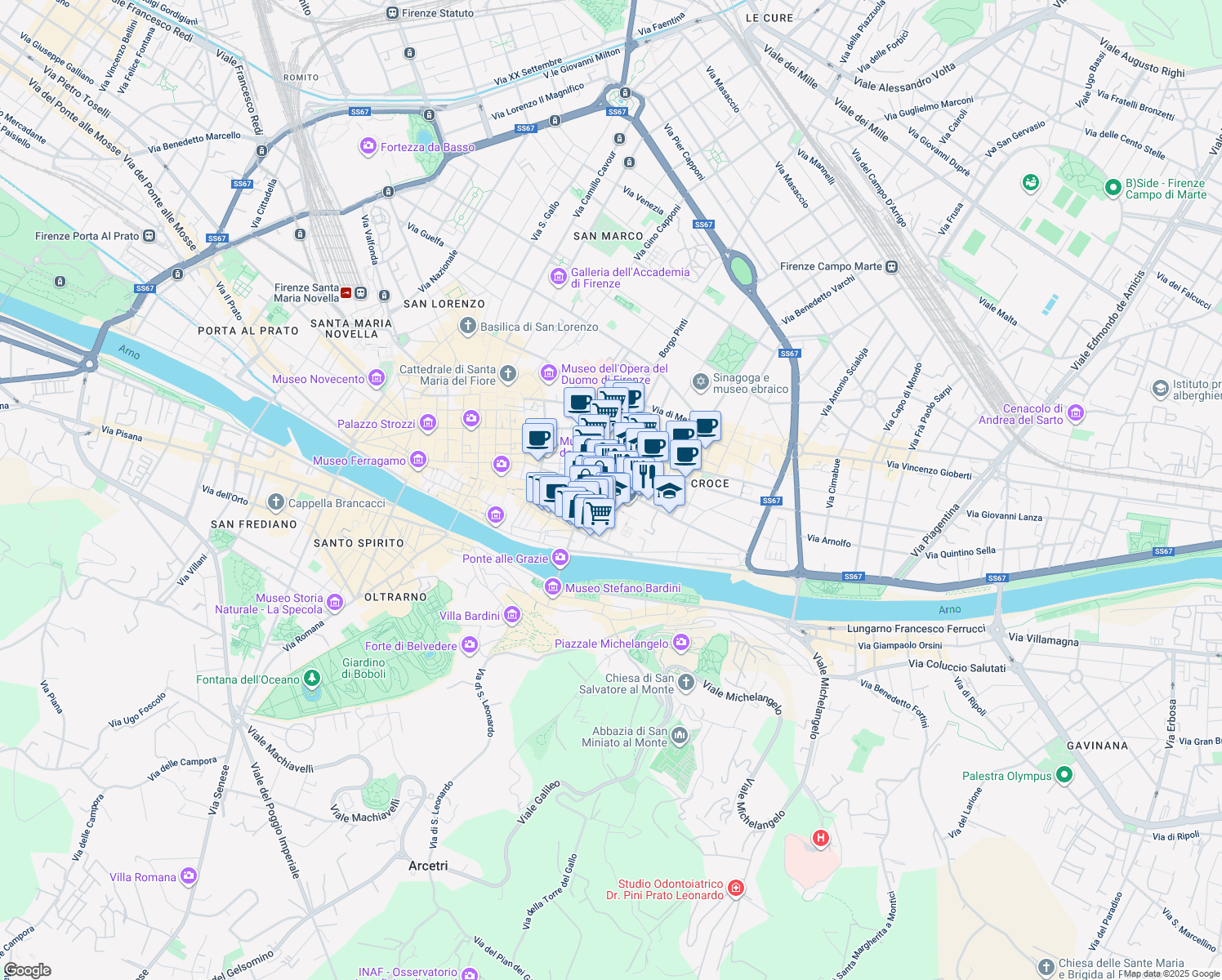 map of restaurants, bars, coffee shops, grocery stores, and more near 16 Piazza Santa Croce in Firenze