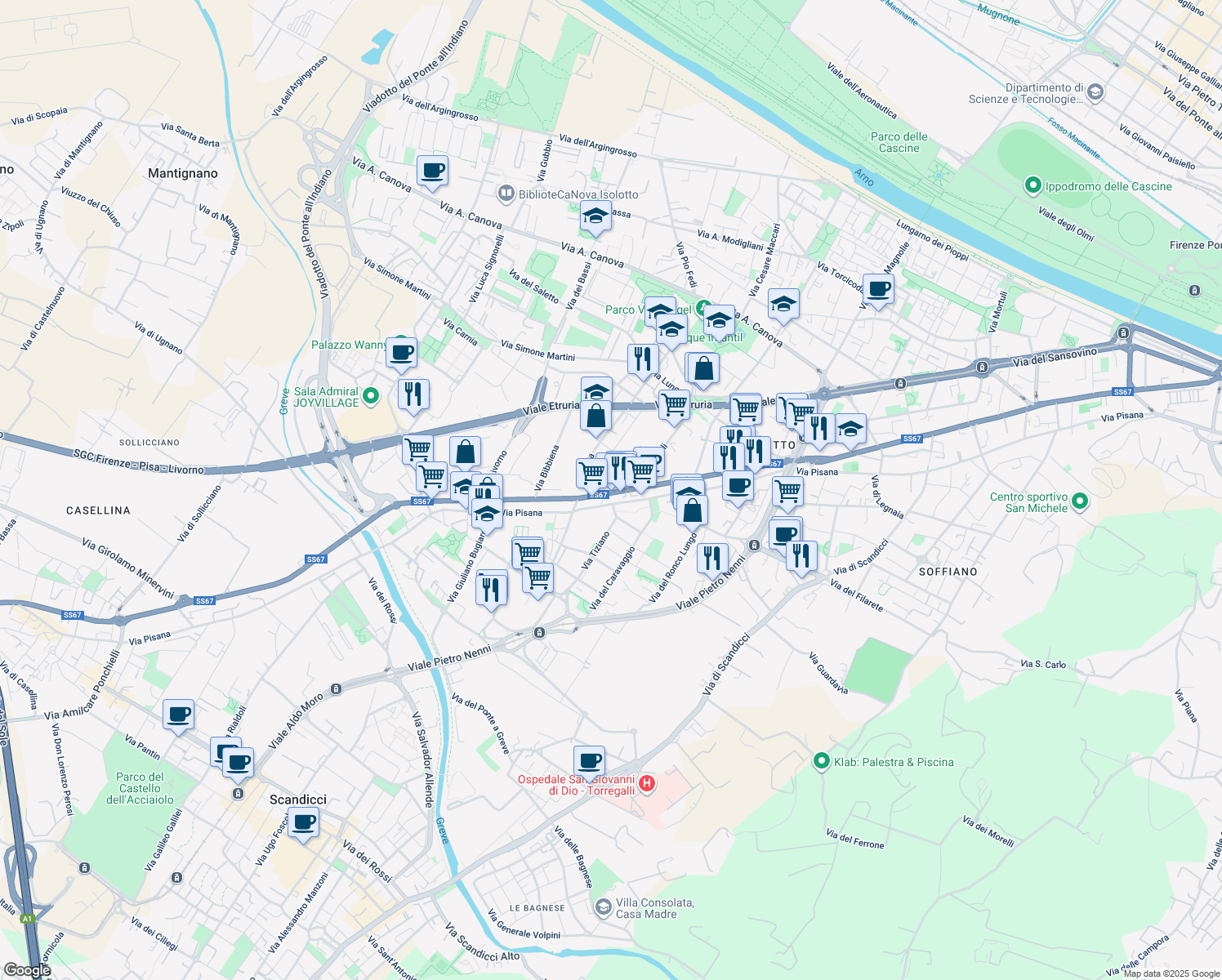 map of restaurants, bars, coffee shops, grocery stores, and more near 40e Via Baccio da Montelupo in Firenze