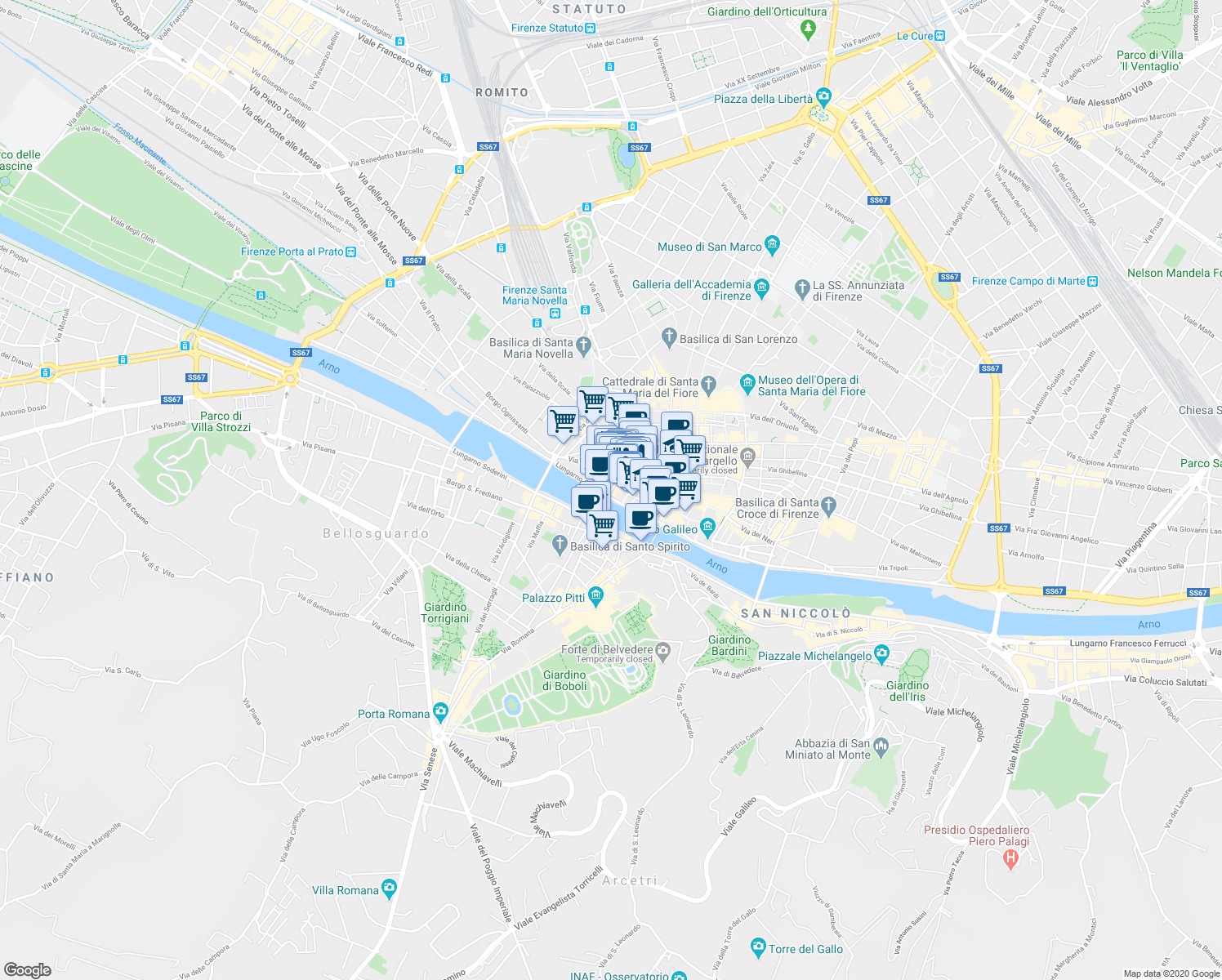 map of restaurants, bars, coffee shops, grocery stores, and more near 1 Via dè Tornabuoni in Firenze
