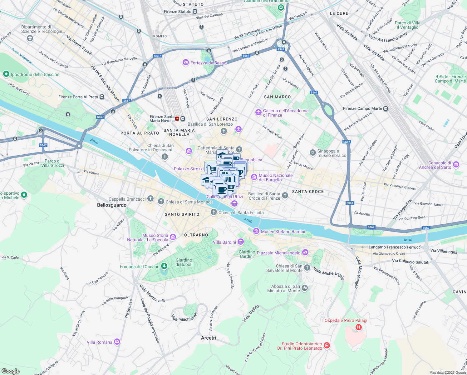 map of restaurants, bars, coffee shops, grocery stores, and more near 11 Piazza della Signoria in Firenze