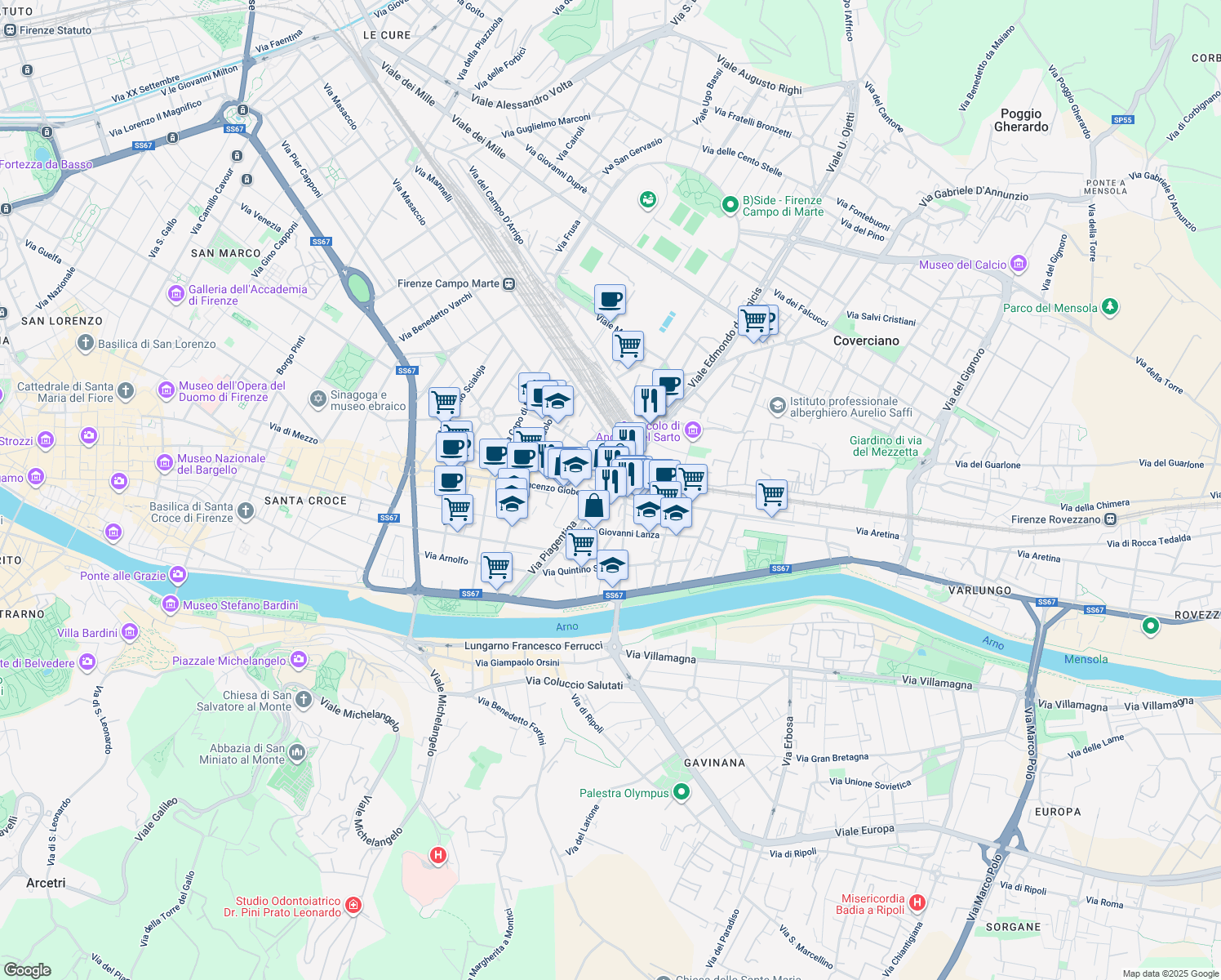 map of restaurants, bars, coffee shops, grocery stores, and more near 21 Piazza Leon Battista Alberti in Florence