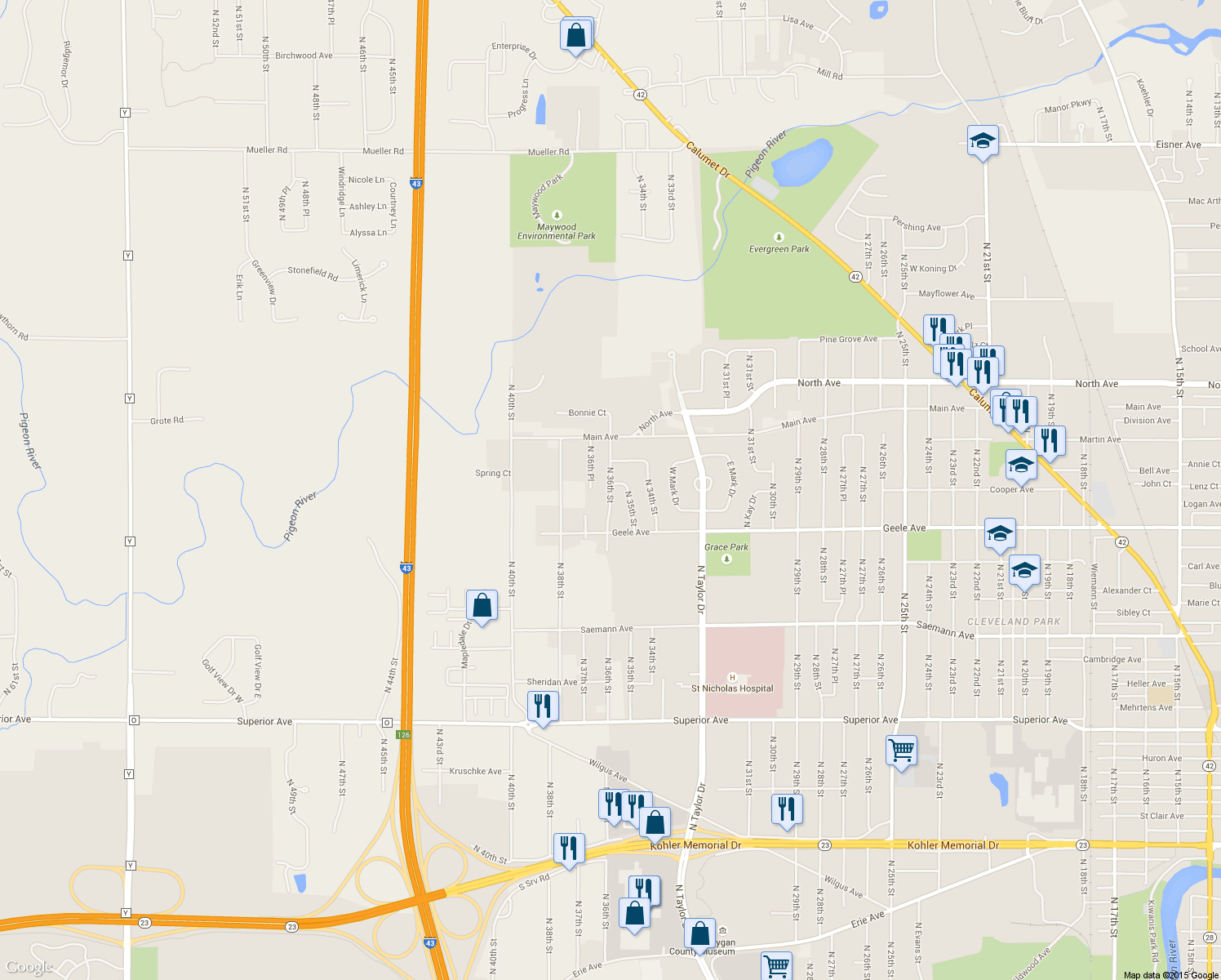 map of restaurants, bars, coffee shops, grocery stores, and more near 2325 North 36th Street in Sheboygan