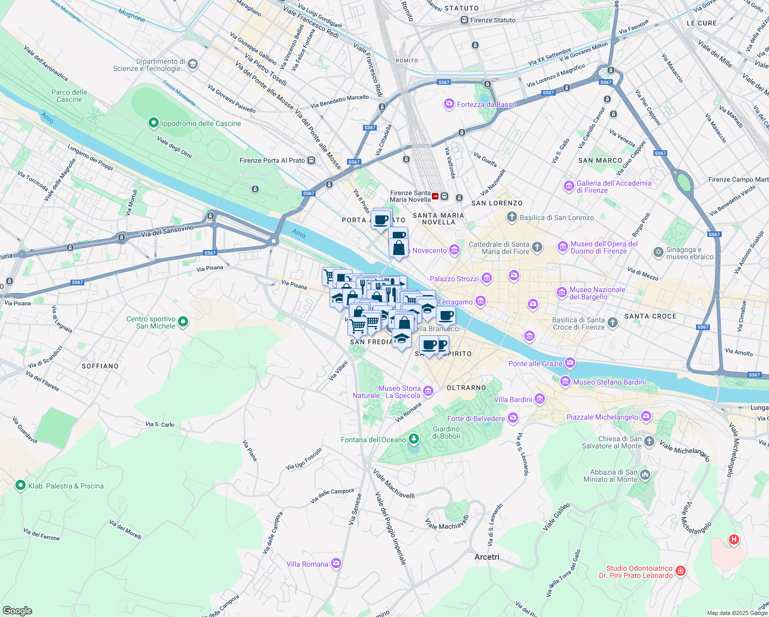 map of restaurants, bars, coffee shops, grocery stores, and more near 103 Borgo San Frediano in Firenze