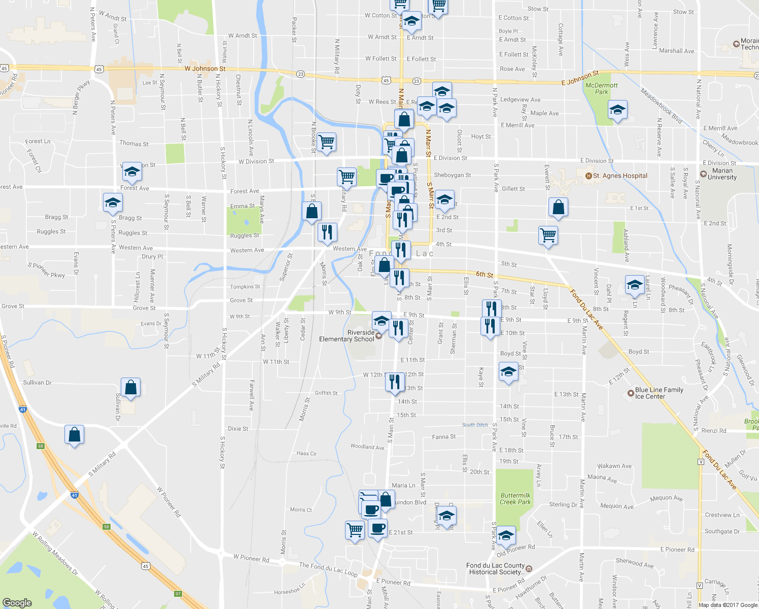 map of restaurants, bars, coffee shops, grocery stores, and more near 330 Linden Street in Fond du Lac