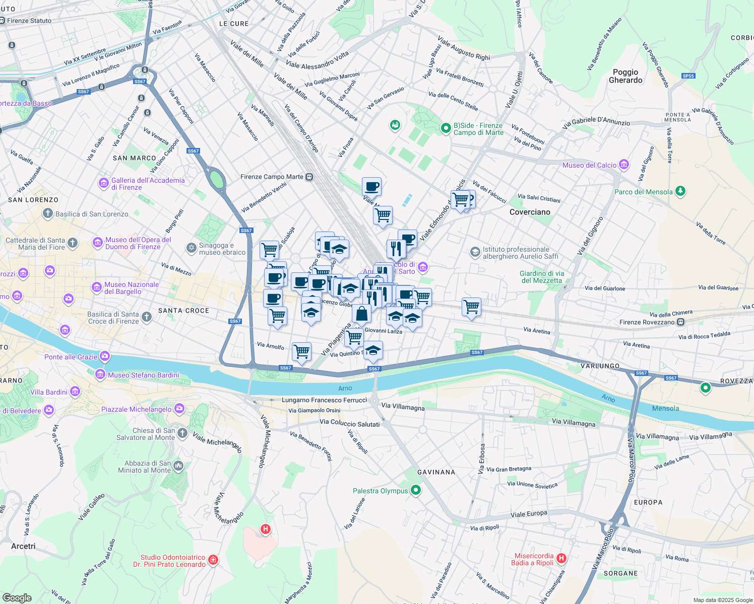 map of restaurants, bars, coffee shops, grocery stores, and more near 21 Piazza Leon Battista Alberti in Florence