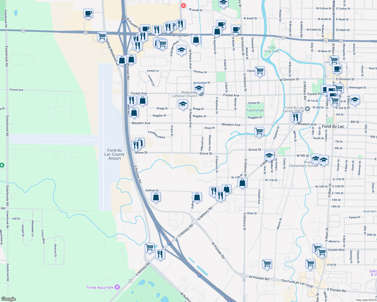 map of restaurants, bars, coffee shops, grocery stores, and more near 661 Grove St in Fond du Lac