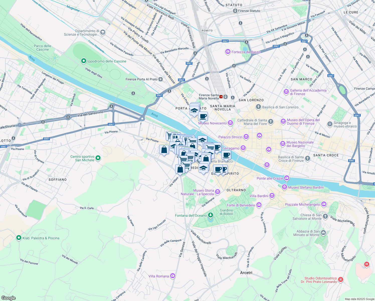 map of restaurants, bars, coffee shops, grocery stores, and more near 145 Via Lunga in Firenze