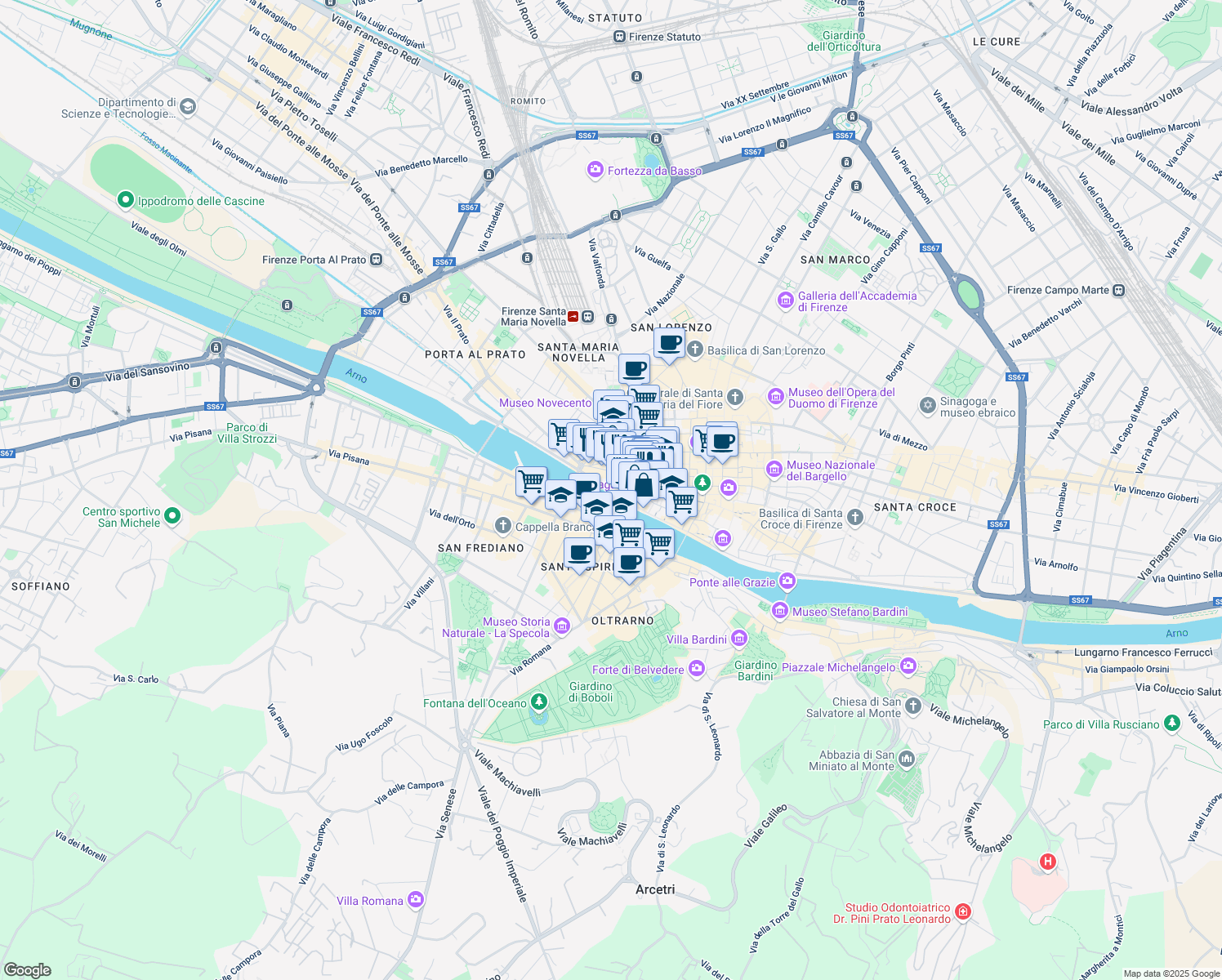 map of restaurants, bars, coffee shops, grocery stores, and more near 1 Via dè Tornabuoni in Firenze