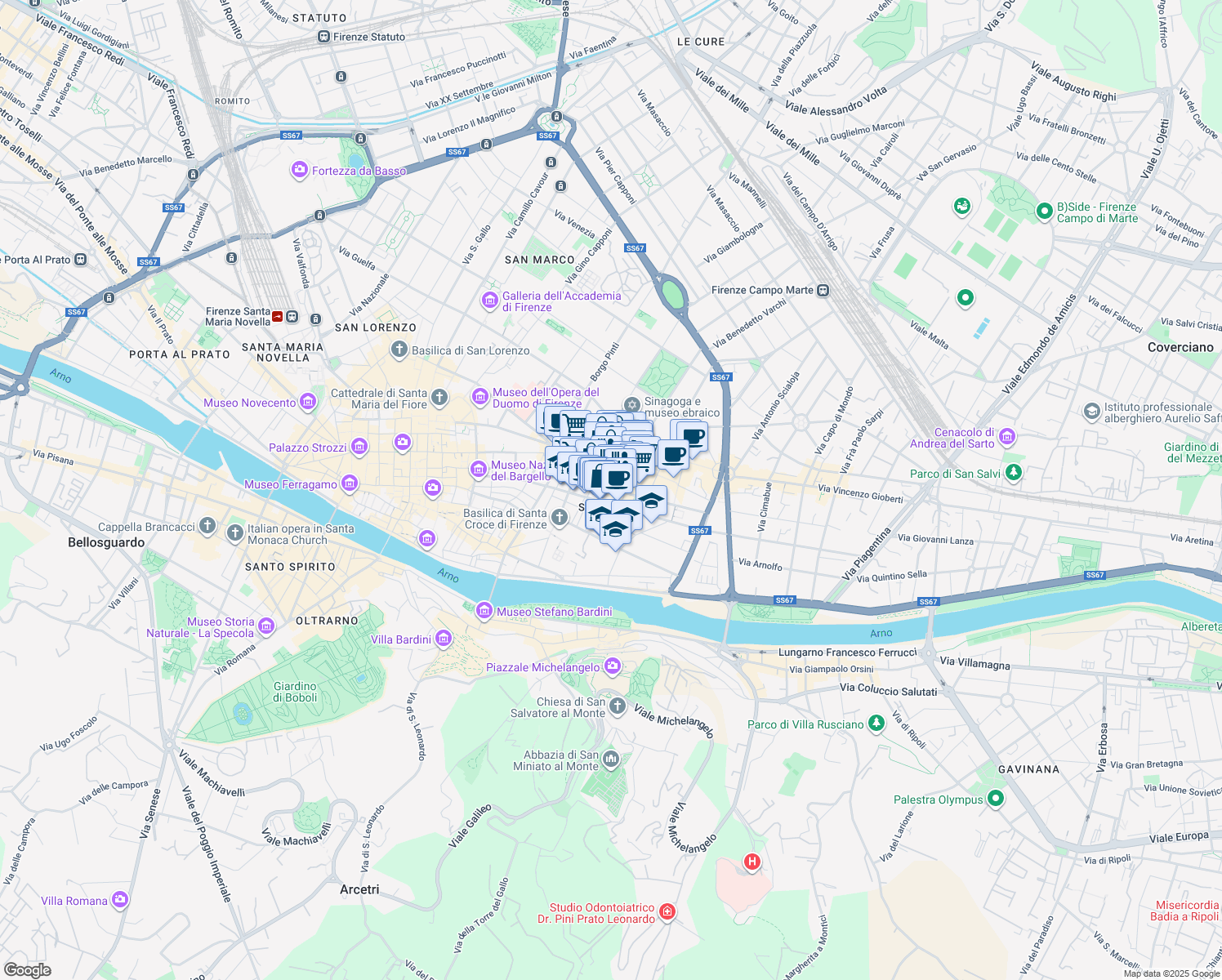 map of restaurants, bars, coffee shops, grocery stores, and more near 47 Via dell'Agnolo in Florence