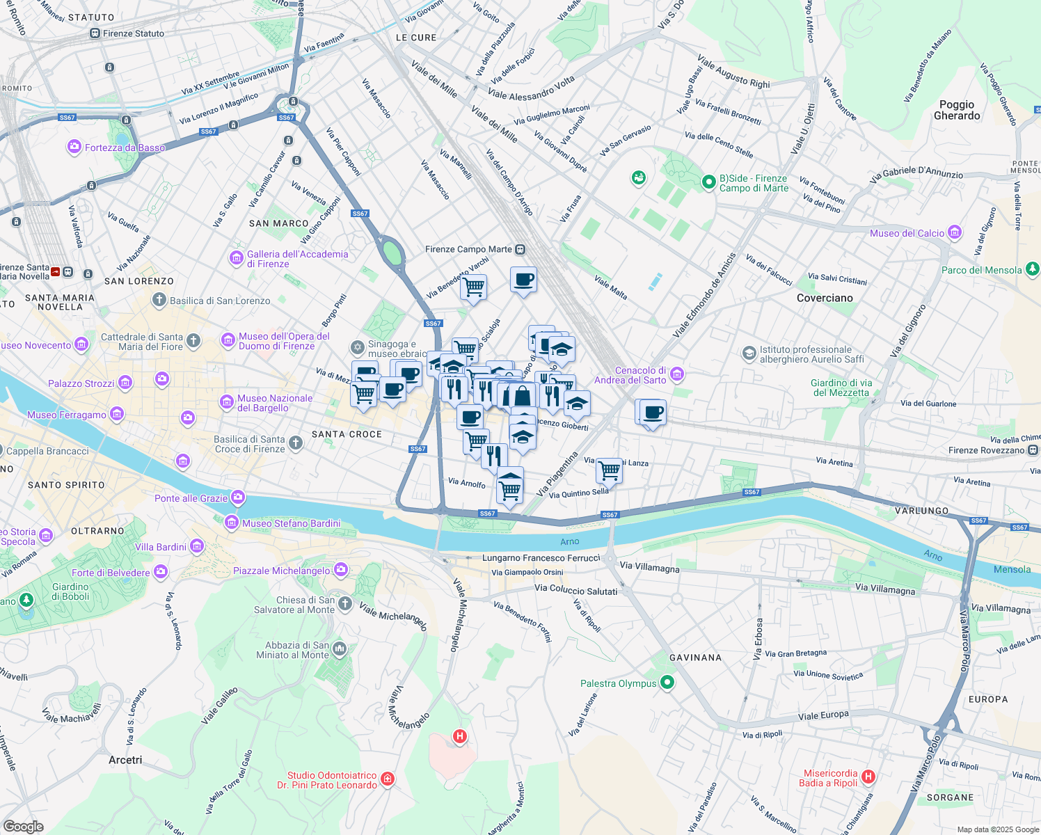 map of restaurants, bars, coffee shops, grocery stores, and more near 82 Via Vincenzo Gioberti in Firenze