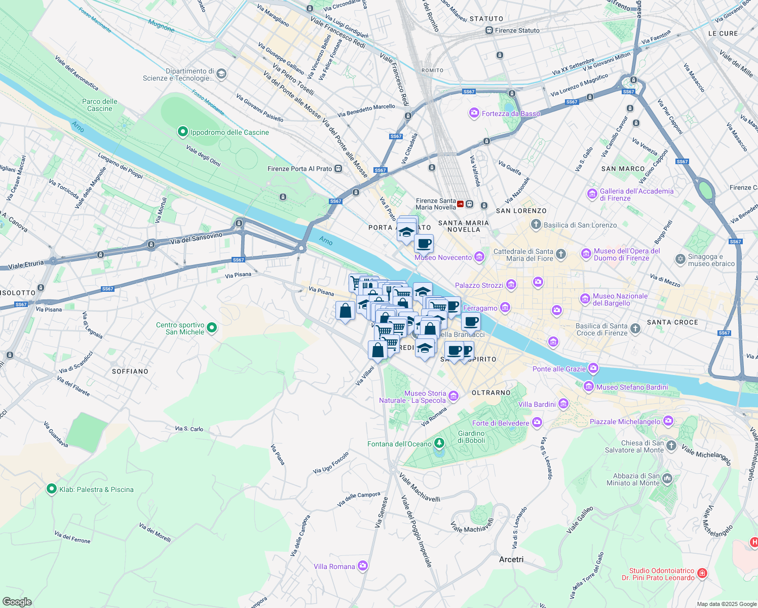 map of restaurants, bars, coffee shops, grocery stores, and more near 2 Punto Nerli in Firenze