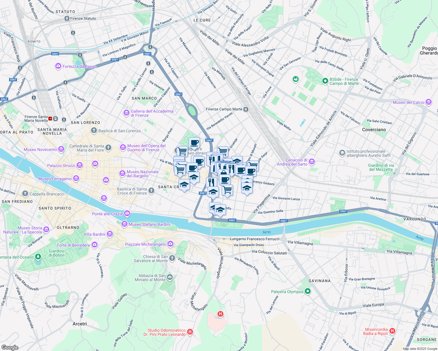 map of restaurants, bars, coffee shops, grocery stores, and more near 82 Via Vincenzo Gioberti in Firenze