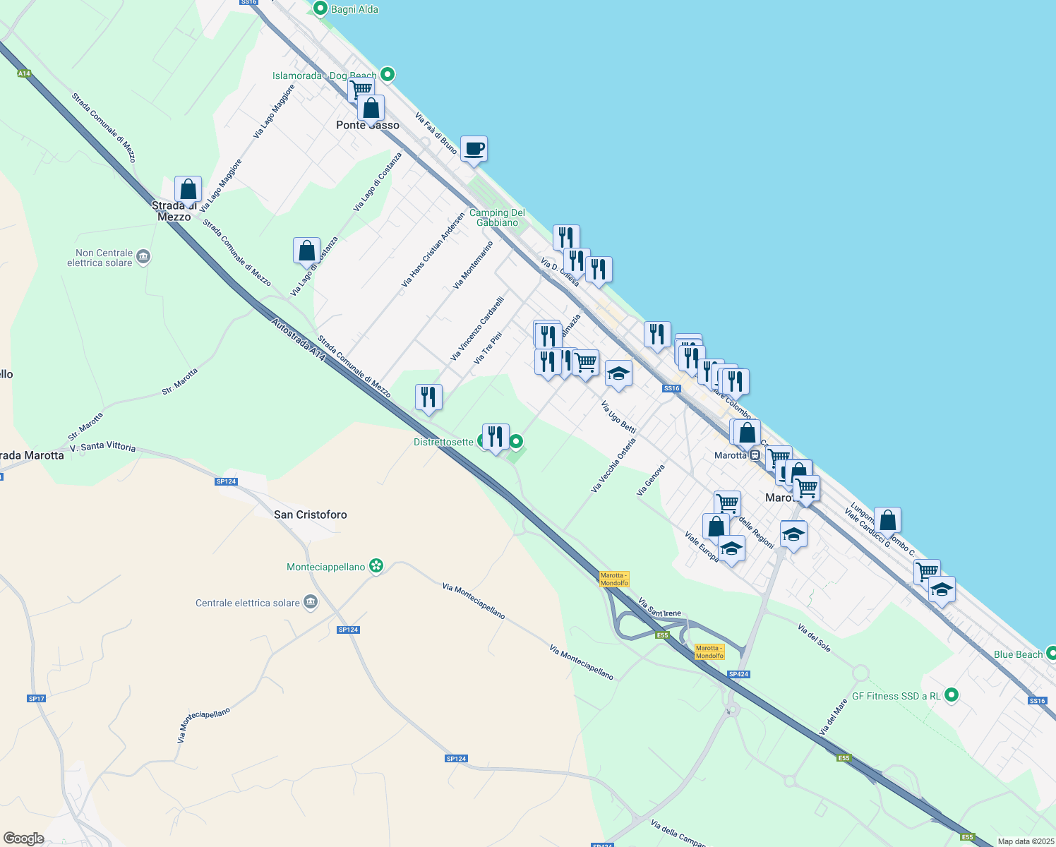map of restaurants, bars, coffee shops, grocery stores, and more near 20 Via Arturo Martini in Provincia di Pesaro e Urbino